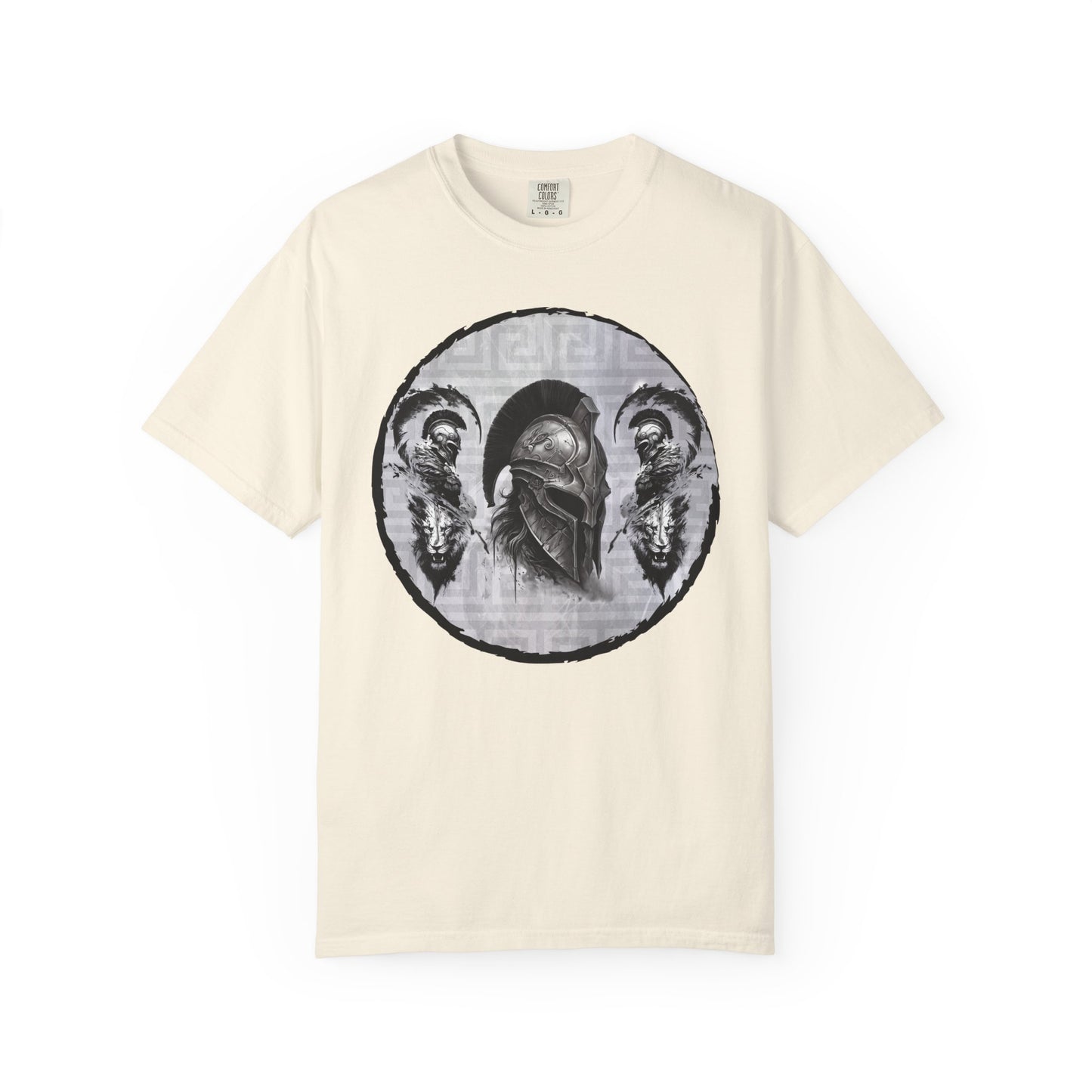 Spartan Warrior T-Shirt – Greek Helmet Circle Design Front & Spear Back | Warrior Graphic Tee