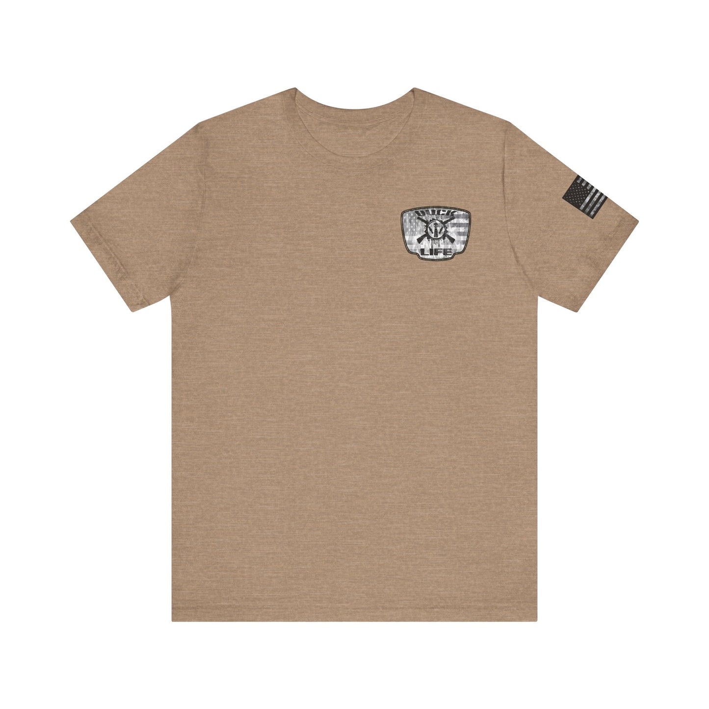 White American Flag Duck Hunting Badge T-Shirt – Mossy Camo Print, Crossed Guns & Duck Skull Graphic