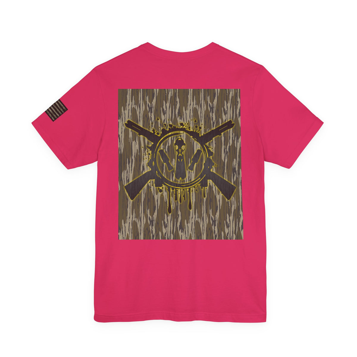 Duck Hunting Badge T-Shirt – Mossy Camo Print, Crossed Guns & Duck Skull Graphic
