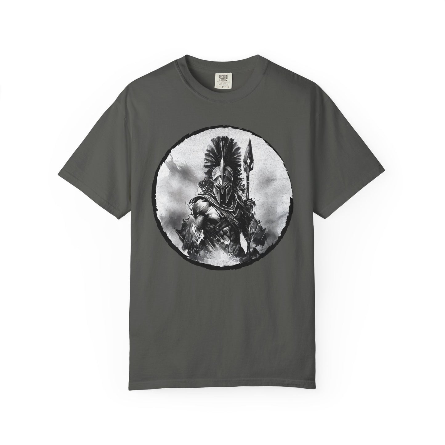 Spartan Warrior T-Shirt – Greek Helmet Circle Design Front & Spear Back | Warrior Graphic Tee