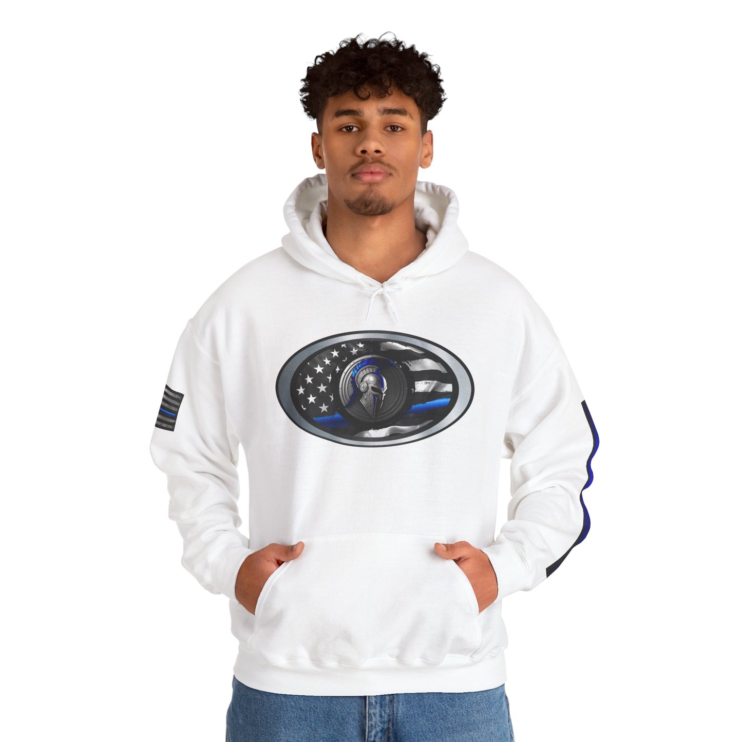 Spartan Thin Blue Line Flag Hoodie – Warrior Helmet Patriotic Sweatshirt for Police Supporters