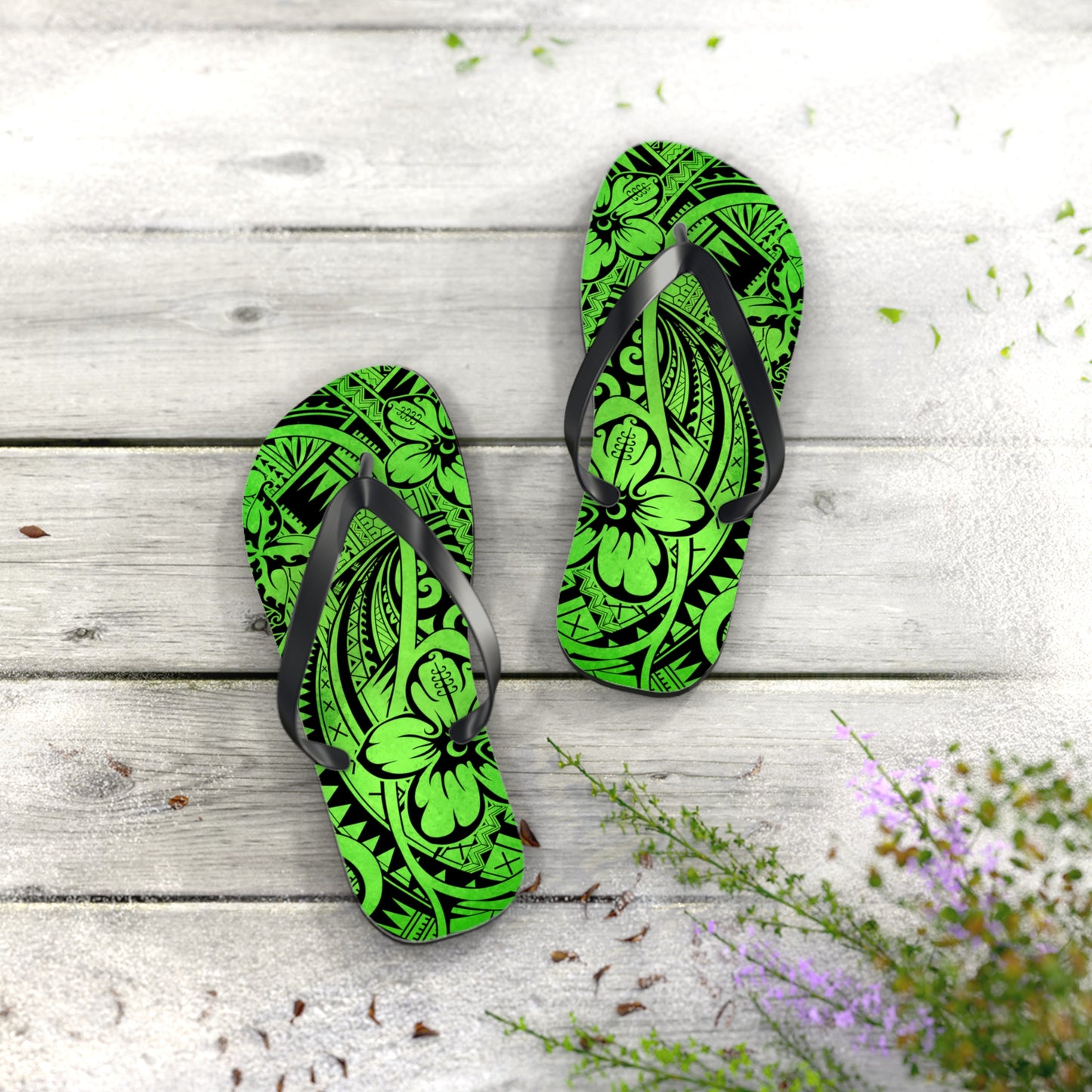 Polynesian Green Flip Flops - Summer Beach Sandals, Vacation Footwear, Poolside Essentials, Outdoor Fun, Tropical Style