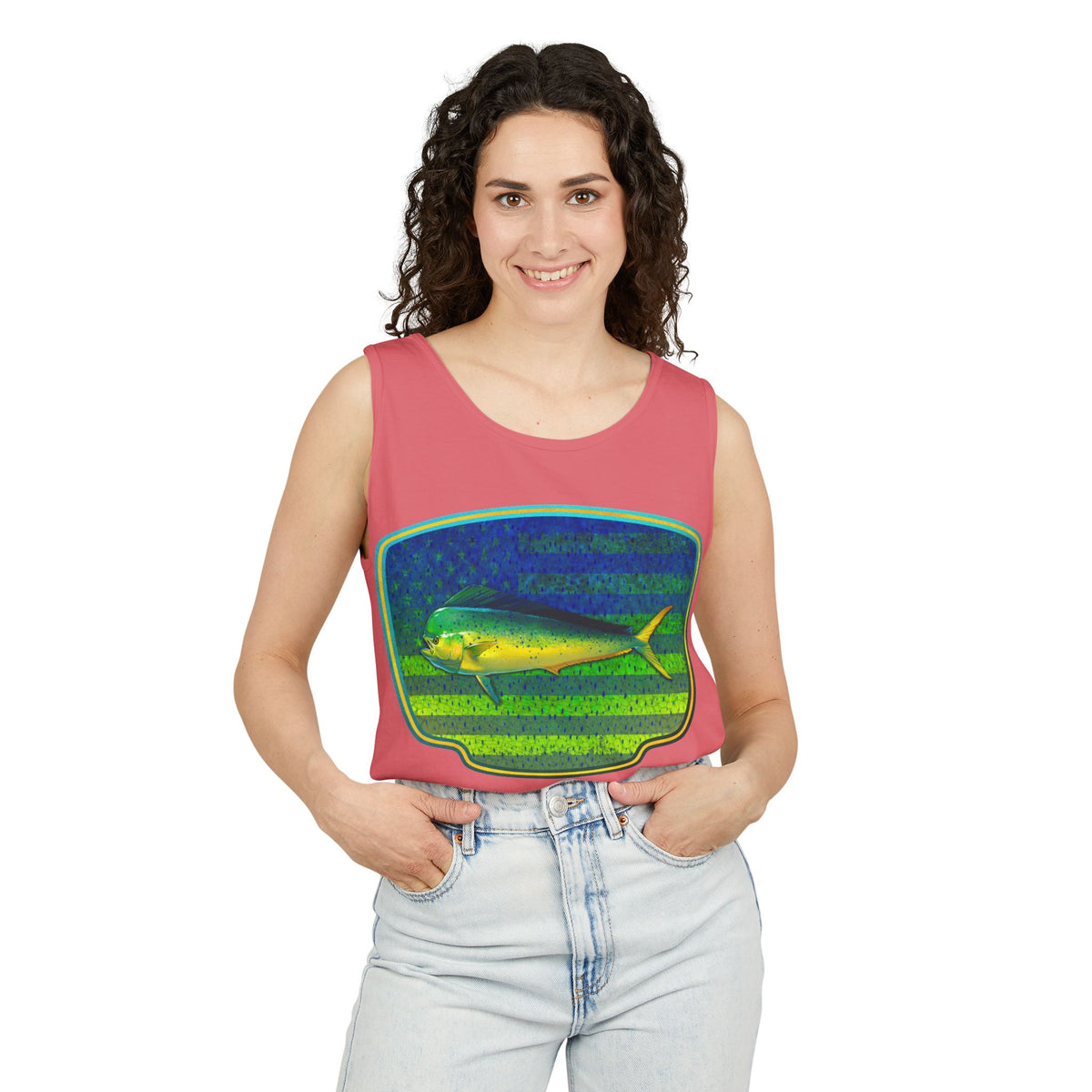 American Mahi Mahi Graphic Tank Top, Summer Apparel, Outdoors Shirt, Fishing Gear, Beachwear, Gifts for Anglers