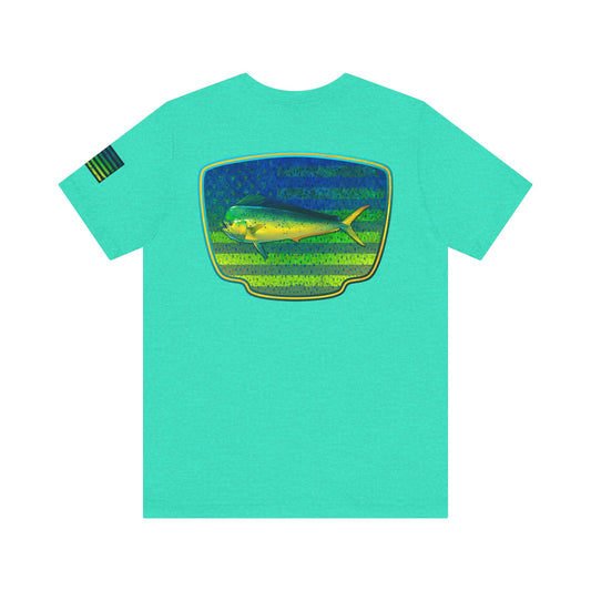 Patriotic Mahi Mahi Flag T-Shirt – Bold Saltwater Fishing Graphic Tee
