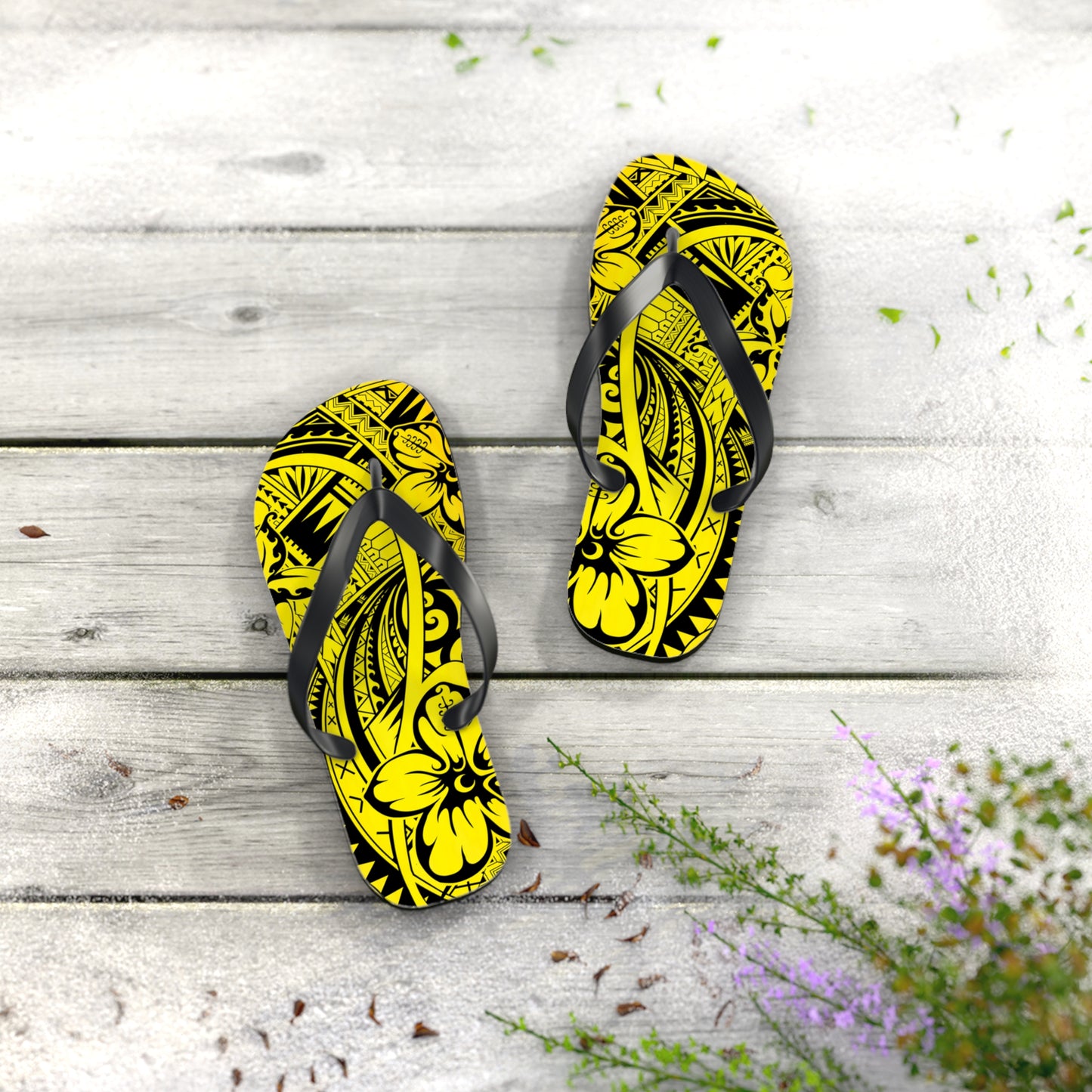 Polynesian Yellow Flip Flops, Summer Beach Sandals, Tropical Vacation Footwear, Gift for Her, Bohemian Style Footwear