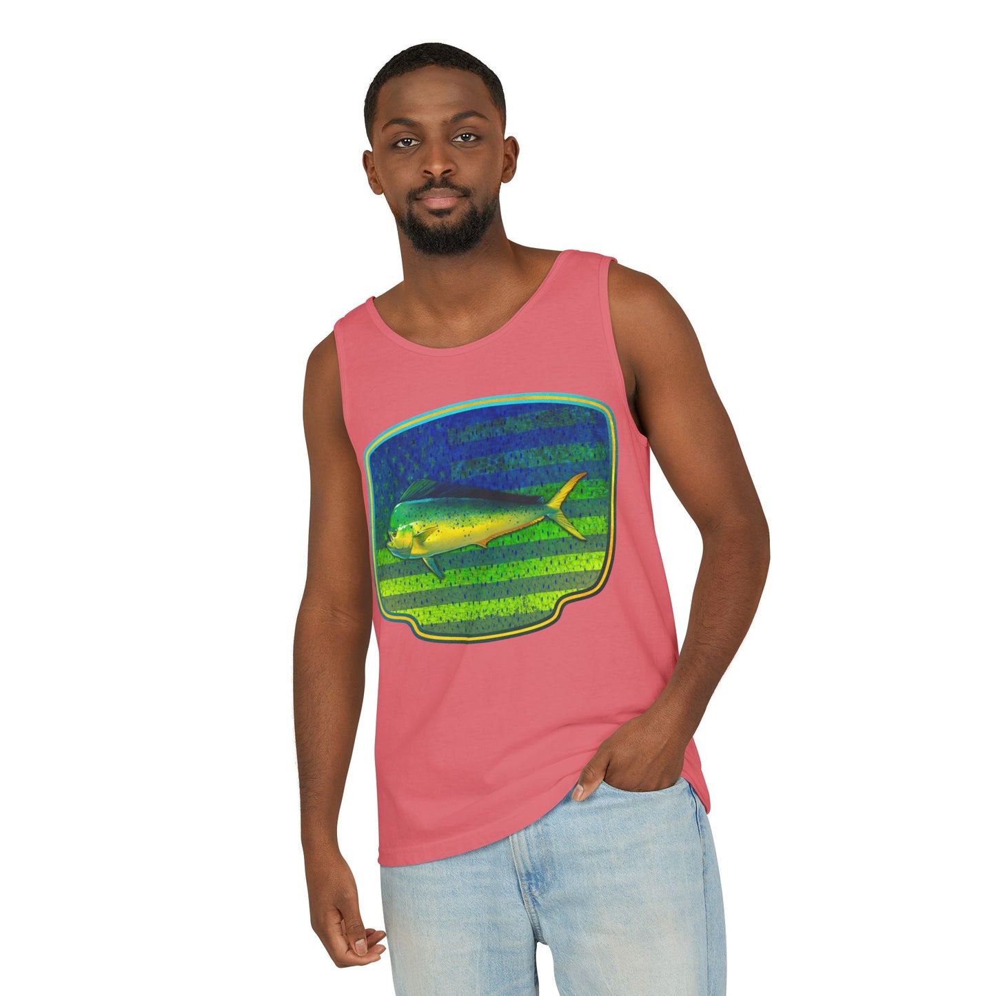 American Mahi Mahi Graphic Tank Top, Summer Apparel, Outdoors Shirt, Fishing Gear, Beachwear, Gifts for Anglers