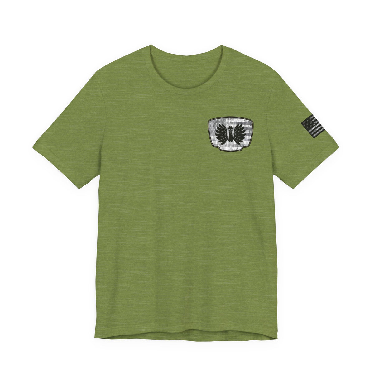 Duck Hunting American Flag Badge T-Shirt – Mossy Camo Print, Crossed Guns & Duck Skull Graphic