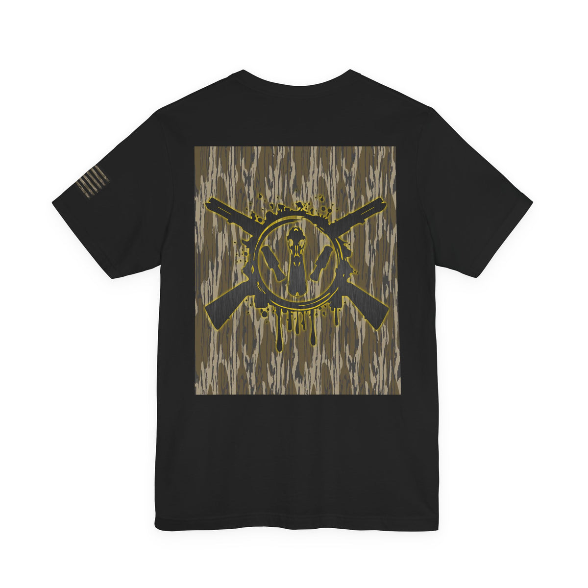 Duck Hunting Badge T-Shirt – Mossy Camo Print, Crossed Guns & Duck Skull Graphic