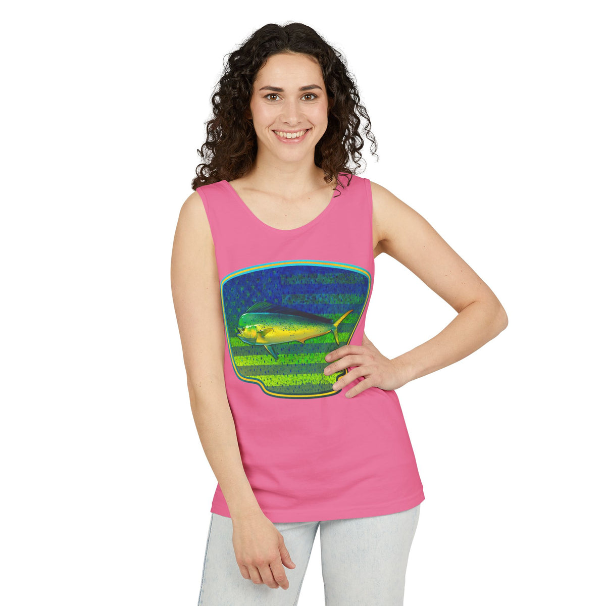 American Mahi Mahi Graphic Tank Top, Summer Apparel, Outdoors Shirt, Fishing Gear, Beachwear, Gifts for Anglers