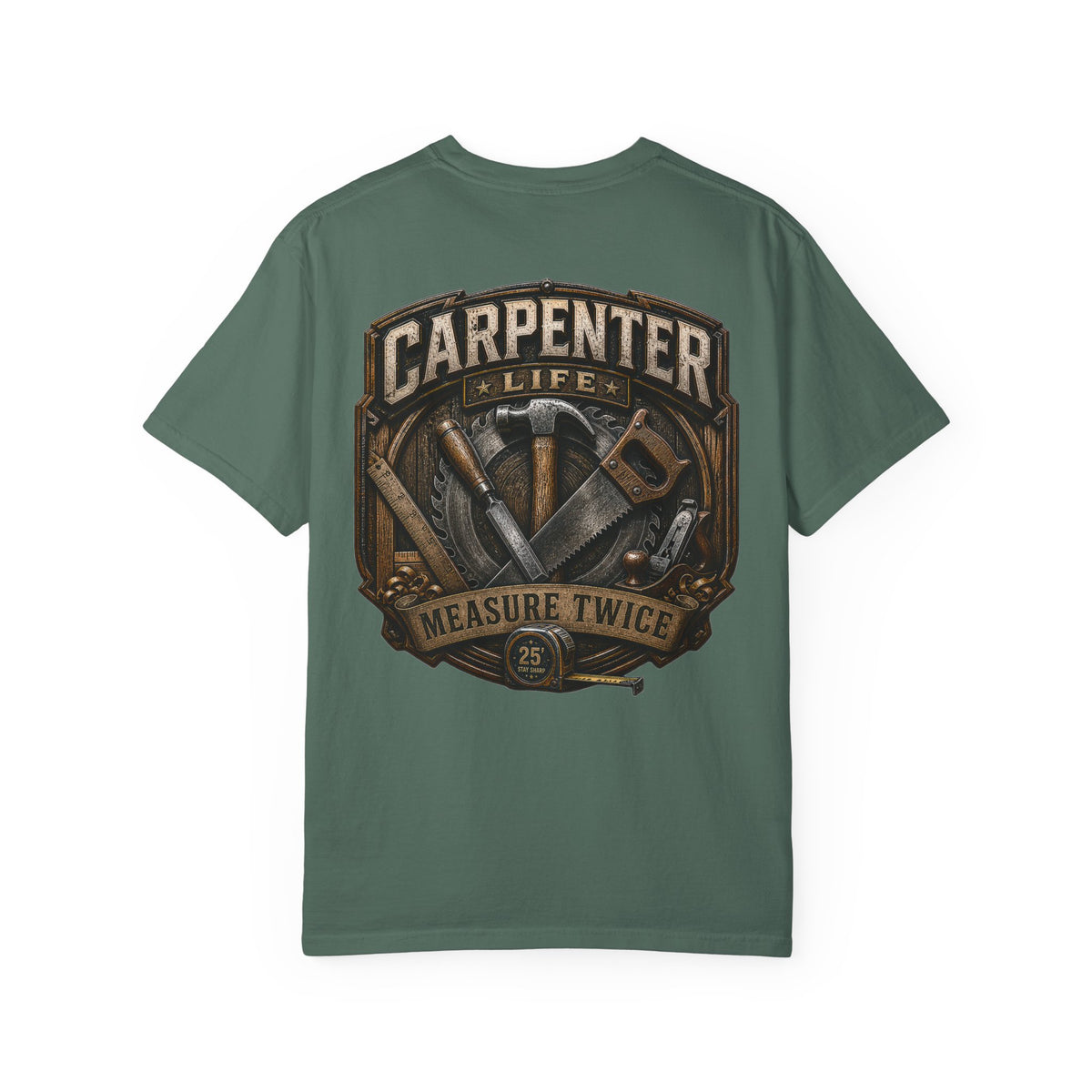 Carpenter Life T-Shirt – 'Measure Twice' Vintage Tool Emblem