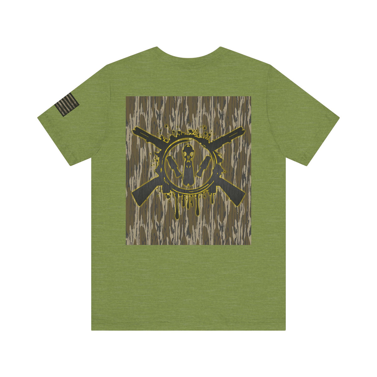 Duck Hunting Badge T-Shirt – Mossy Camo Print, Crossed Guns & Duck Skull Graphic
