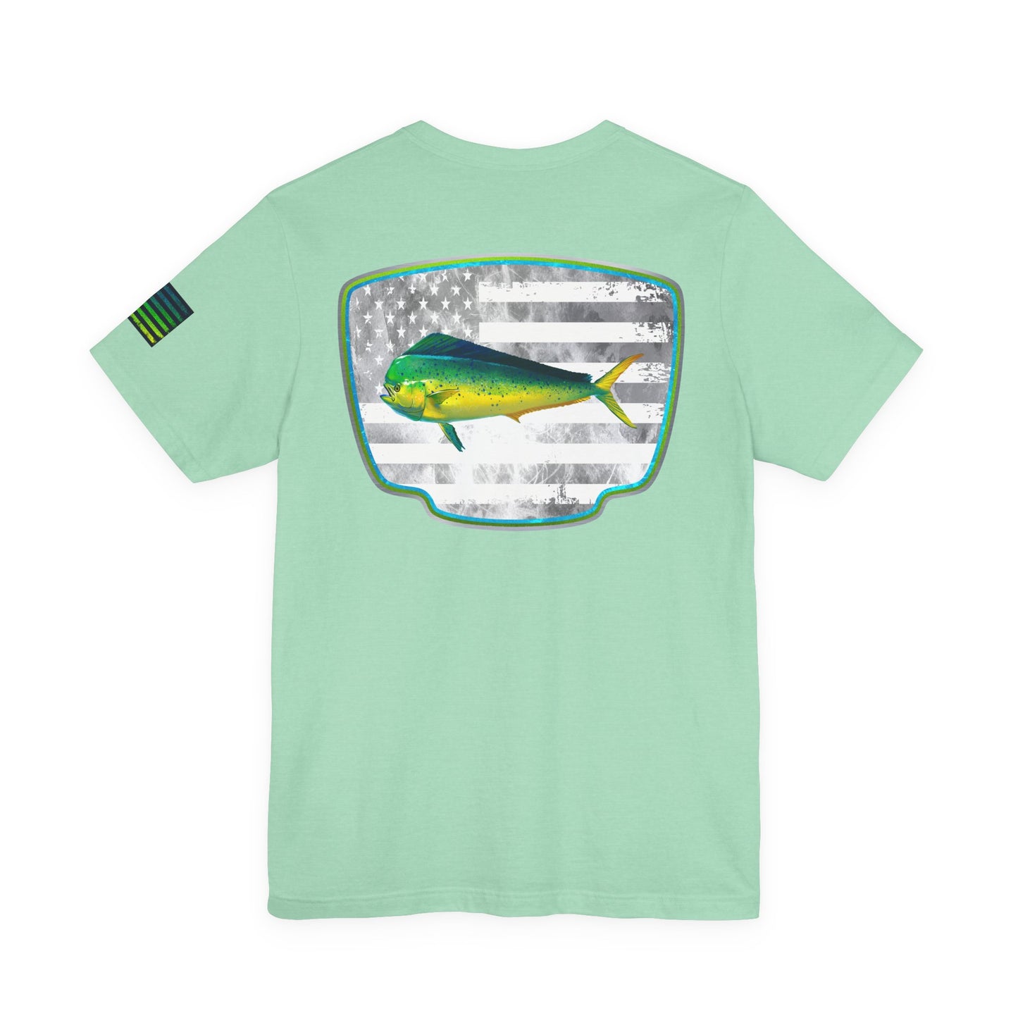 Mahi Mahi Sunglass Badge Tee – White Distressed Flag Fishing Shirt
