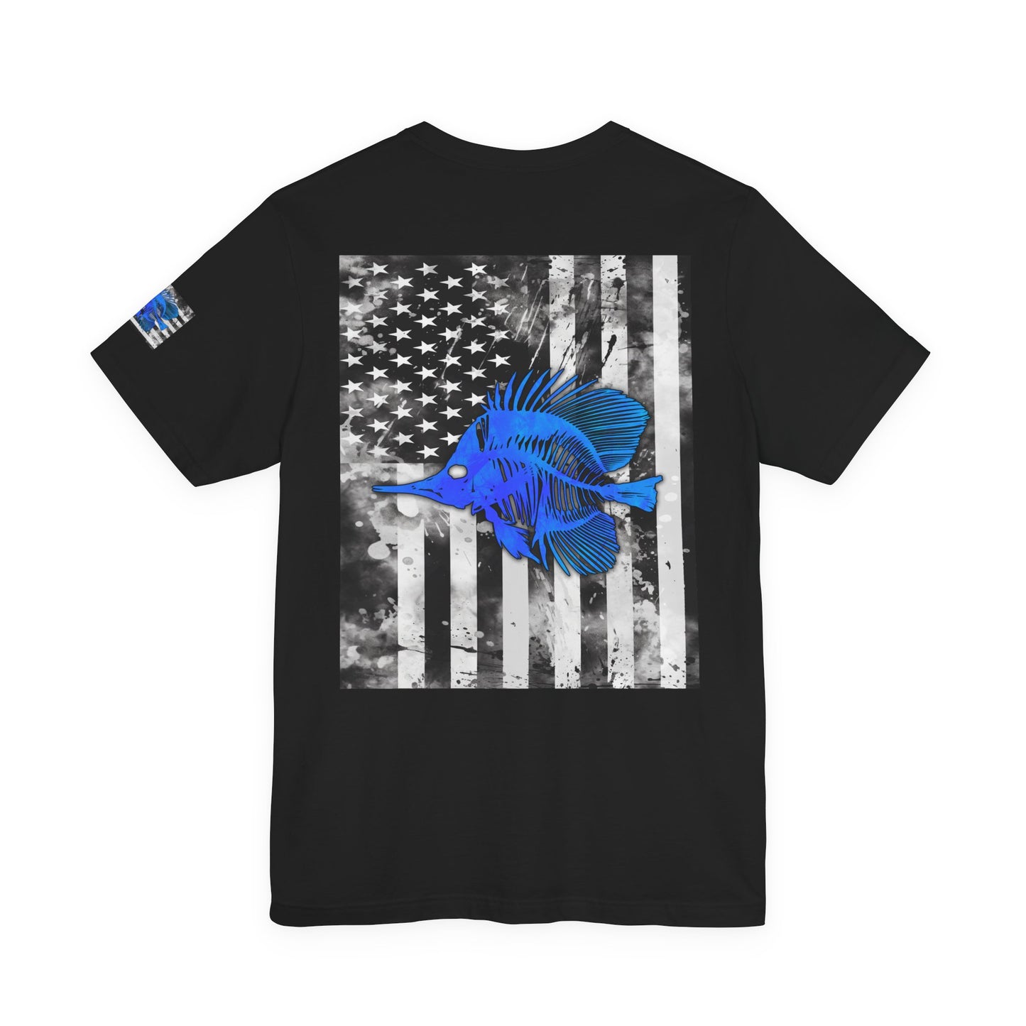 Blue Fish Skeleton Grunge American Flag Tee, Patriotic USA Shirt, Vintage American Flag
