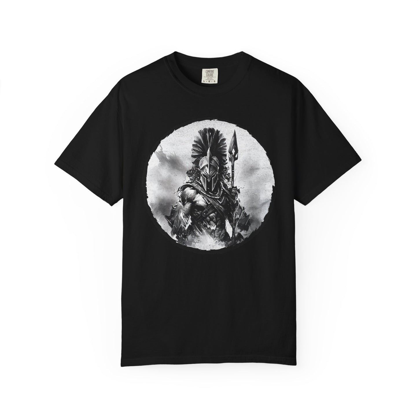 Spartan Warrior T-Shirt – Greek Helmet Circle Design Front & Spear Back | Warrior Graphic Tee
