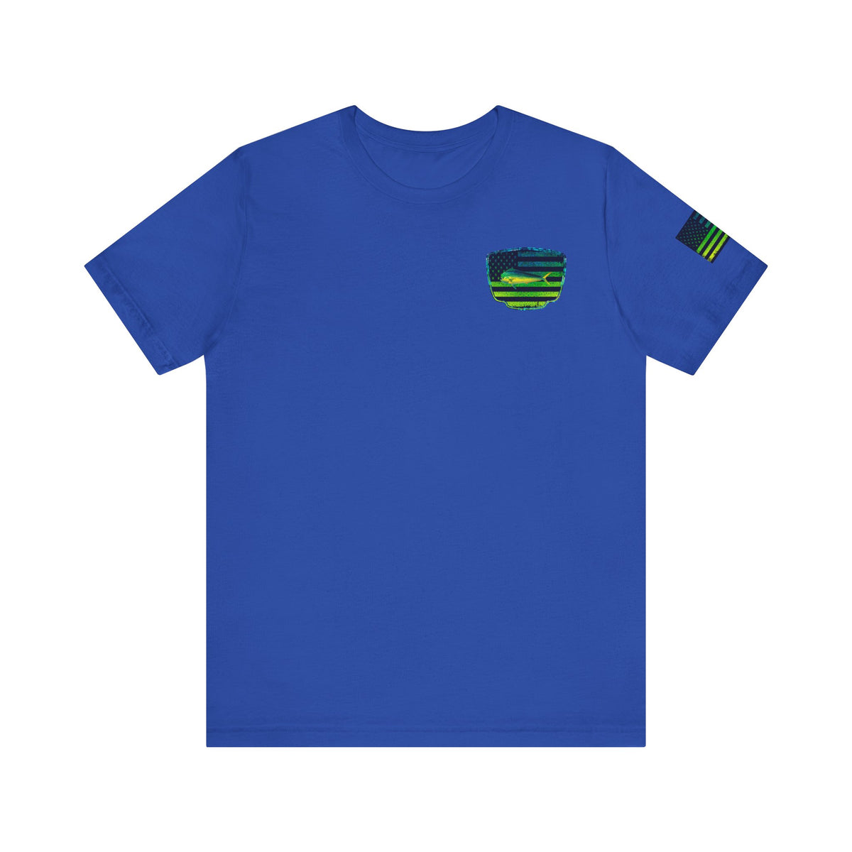 Patriotic Mahi Mahi Flag Tee – Grunge Fishing Badge Shirt for Outdoor Lovers
