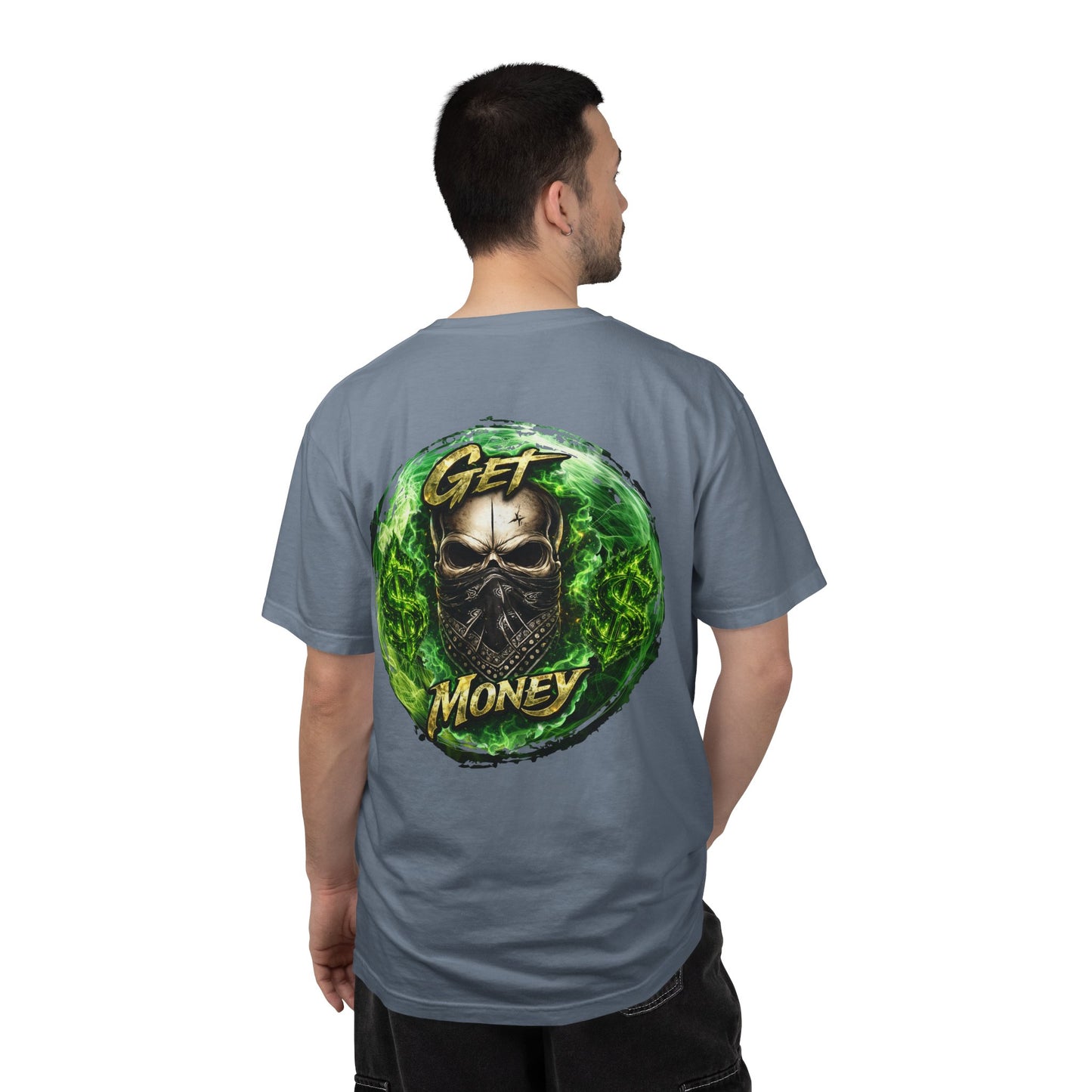 Get Money Skull Graphic Tee – Green Flame Dollar Sign Hustle Streetwear Shirt