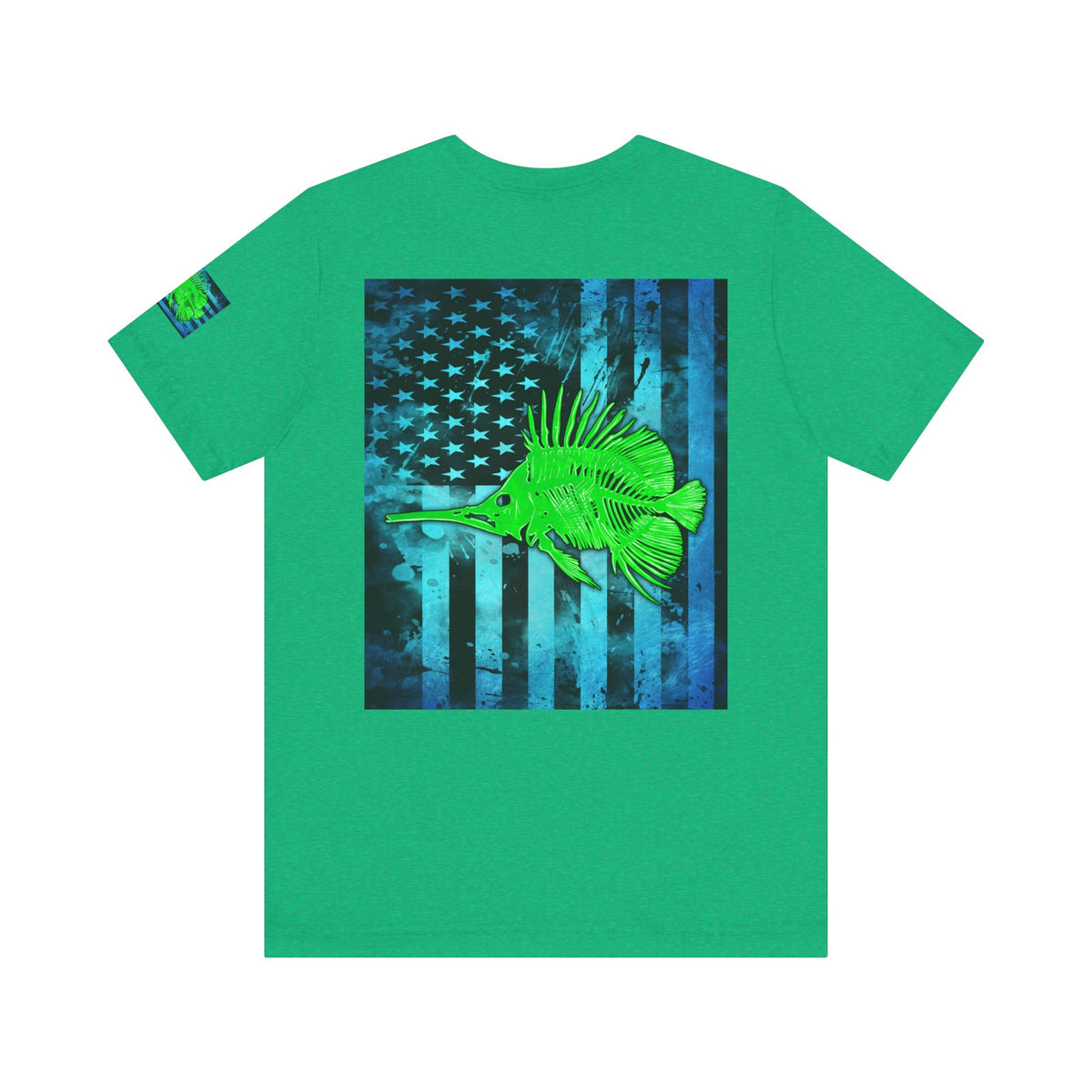 Green Fish Grunge American Flag Tee, Patriotic USA Shirt, Vintage American Flag