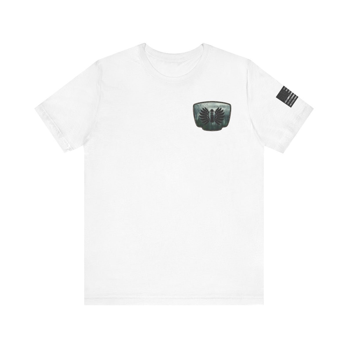 The Forest Duck Hunt Badge T-Shirt – Mossy Camo Print, Crossed Guns & Duck Skull Graphic