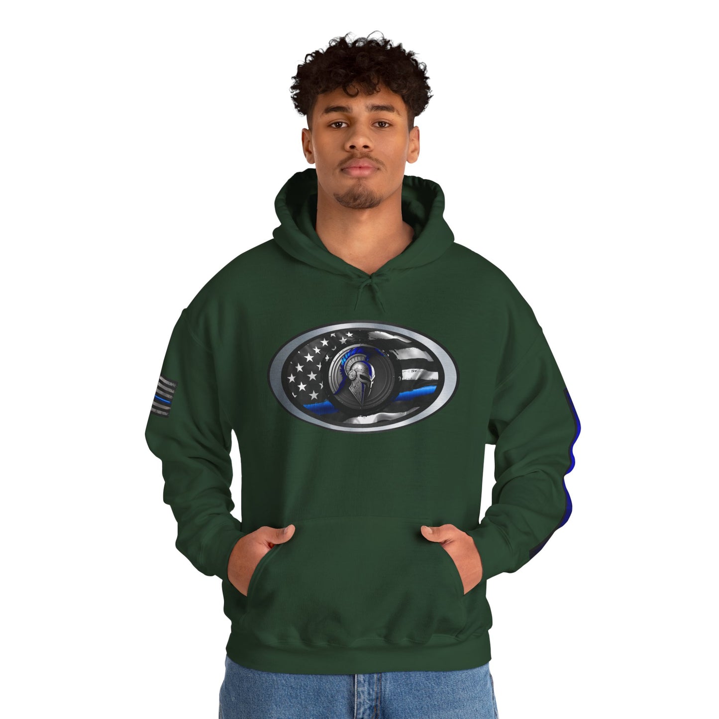 Spartan Thin Blue Line Flag Hoodie – Warrior Helmet Patriotic Sweatshirt for Police Supporters