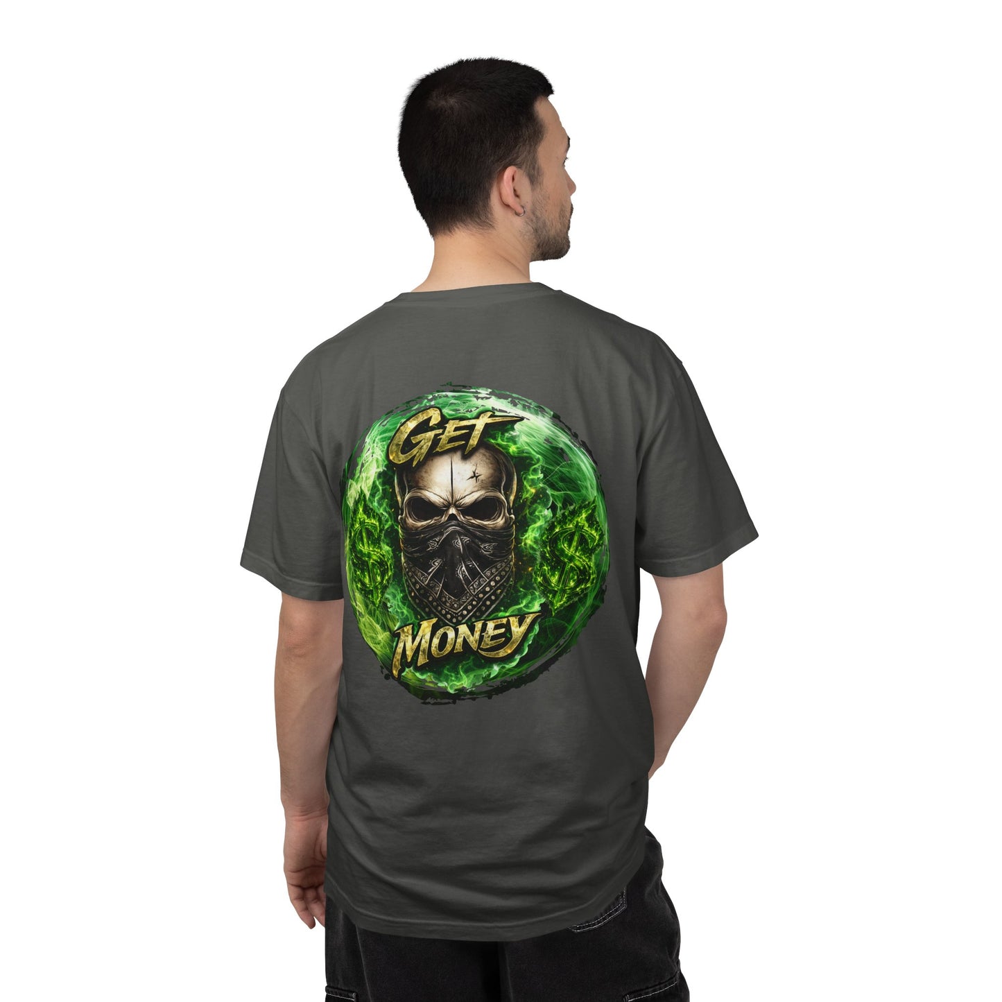 Get Money Skull Graphic Tee – Green Flame Dollar Sign Hustle Streetwear Shirt