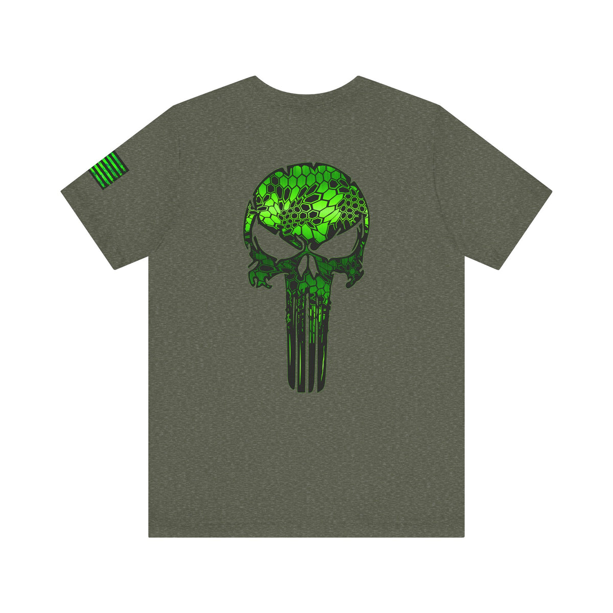 Green Punisher Skull with Hex Camo – Tactical Military Style Grunge Tee