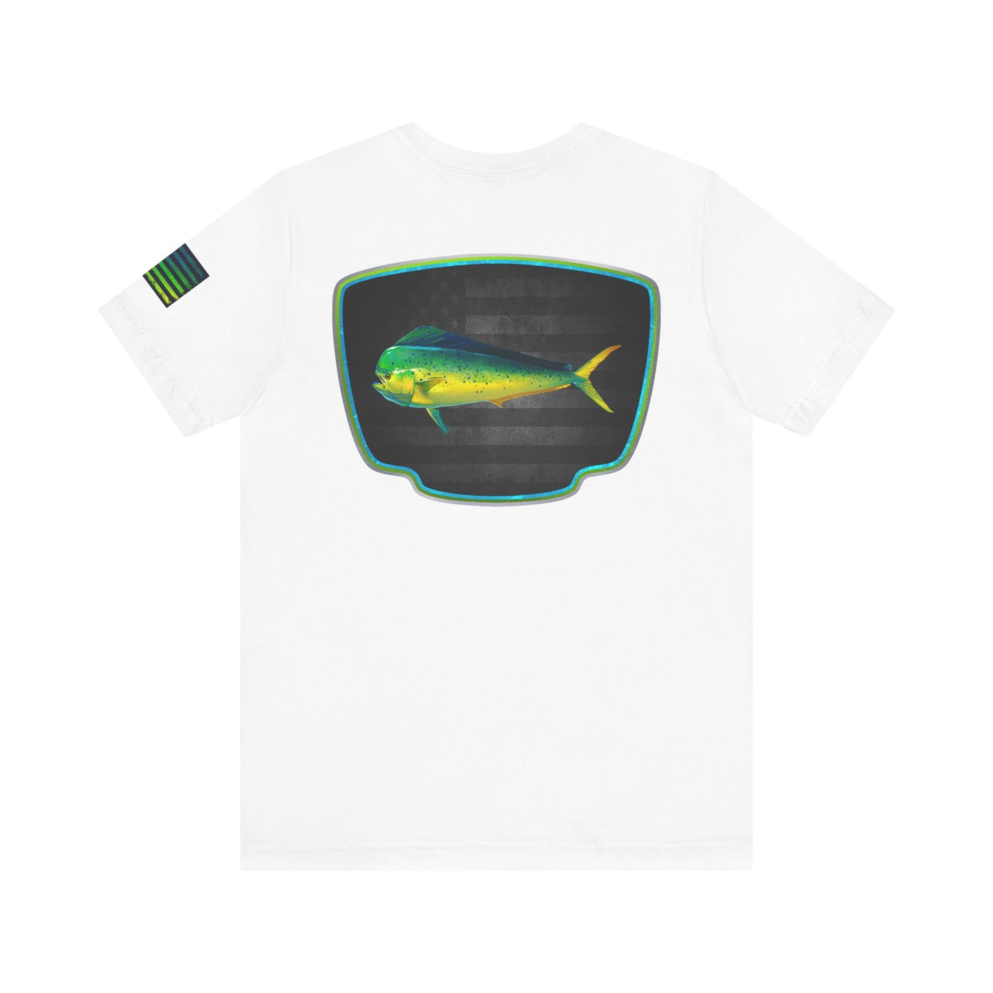 Mahi Mahi Badge Tee with Blackout Flag – Patriotic Saltwater Fishing Shirt
