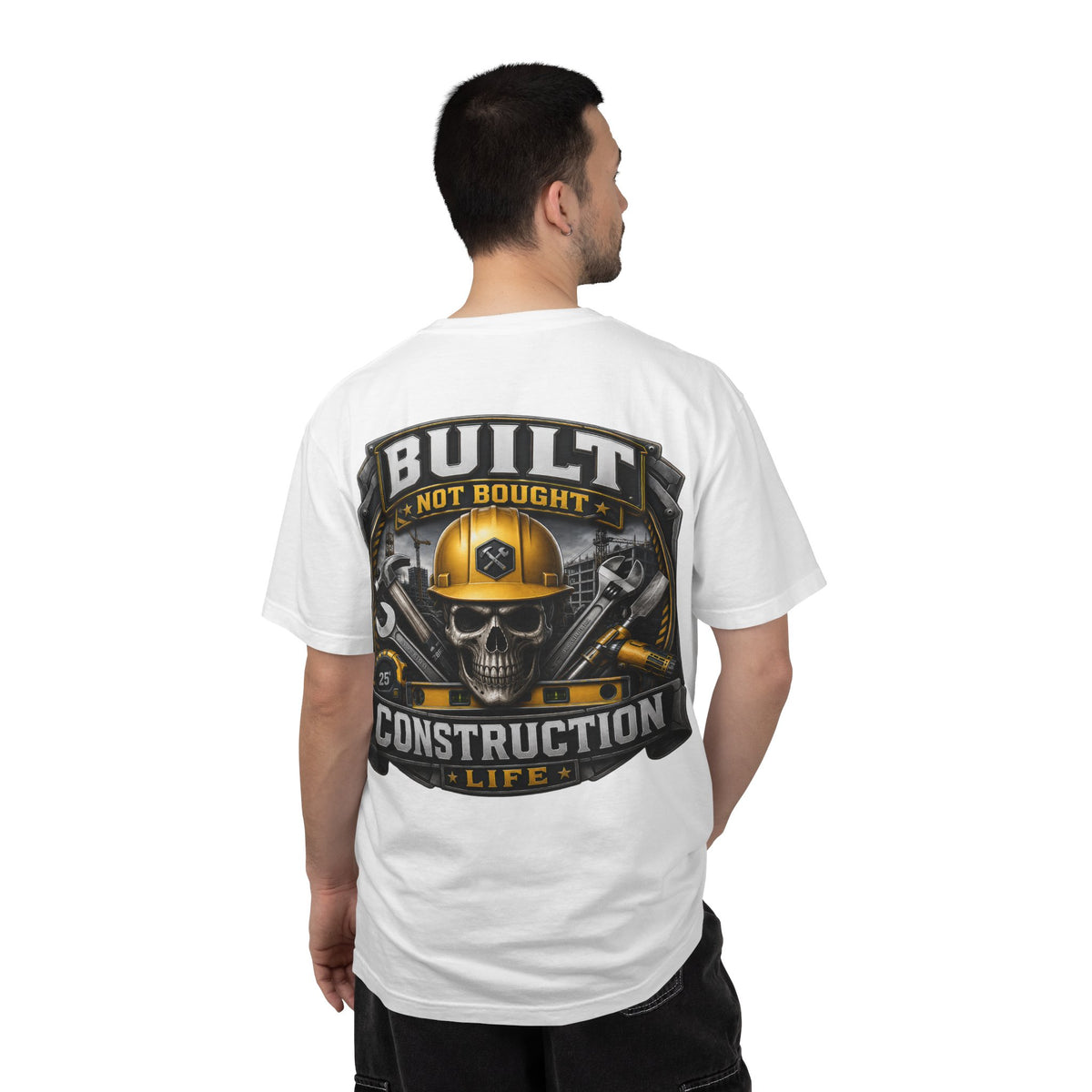 Construction Life T-Shirt — "Built Not Bought" Skull & Hard Hat Crew Tee