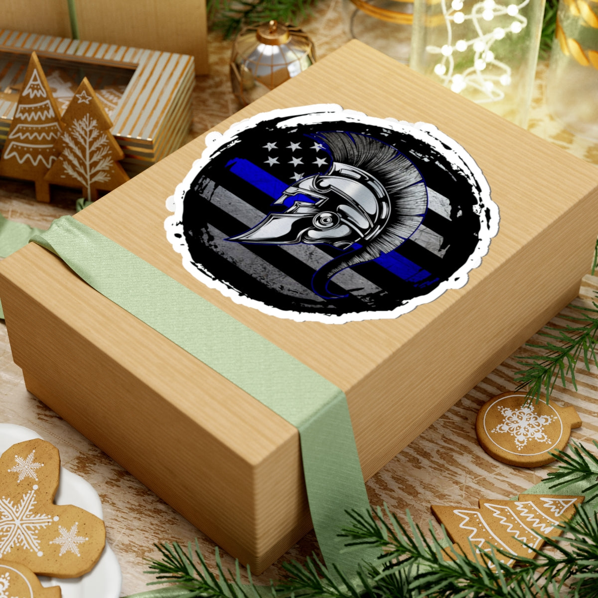Grunge Spartan Warrior Skull Thin Blue Line Police Support Sticker ArtKiss-Cut Stickers