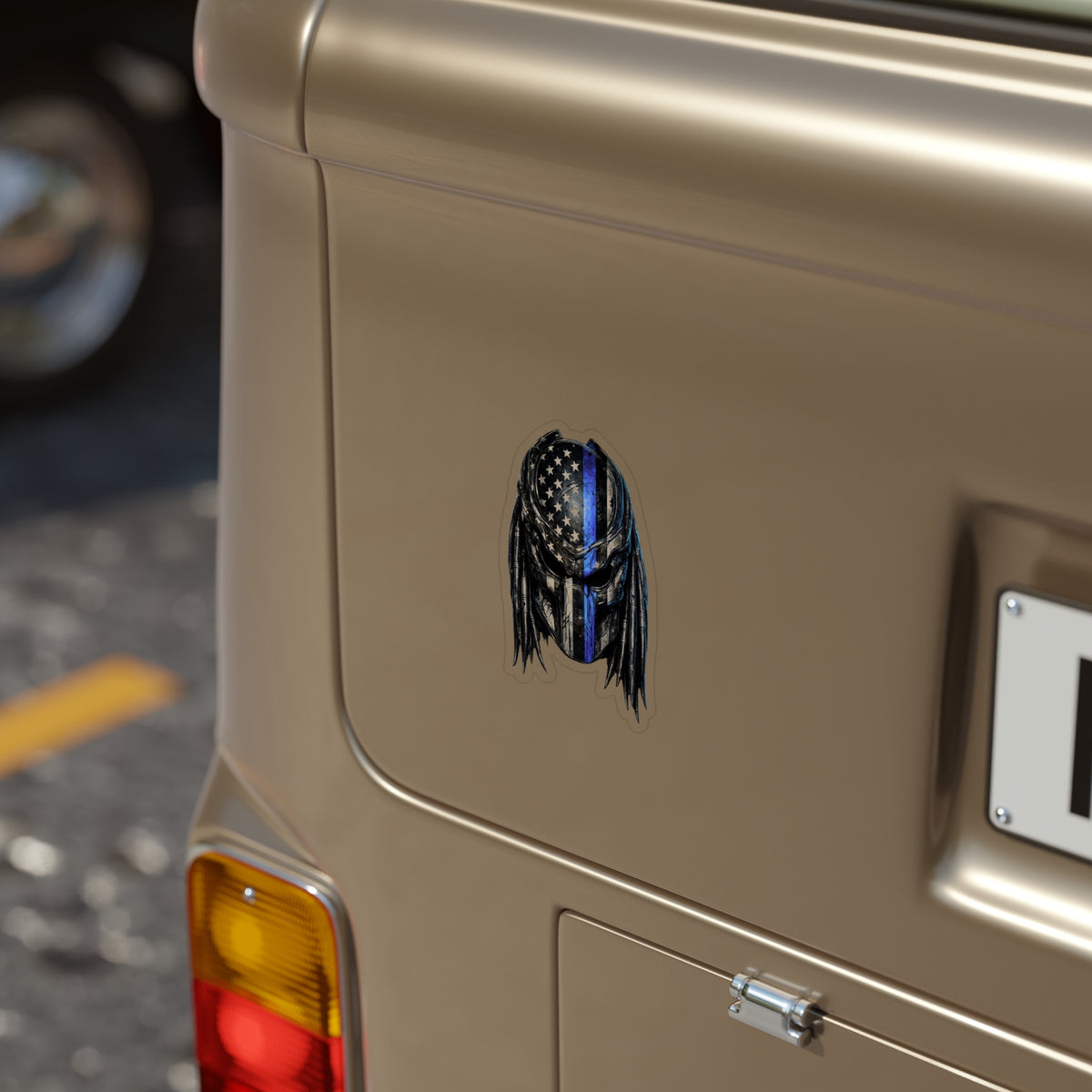 Thin Blue Line Predator Mask Sticker | American Flag Hunter Helmet Decal | Police Support Sci-Fi Inspired Art | Transparent Vinyl Sticker
