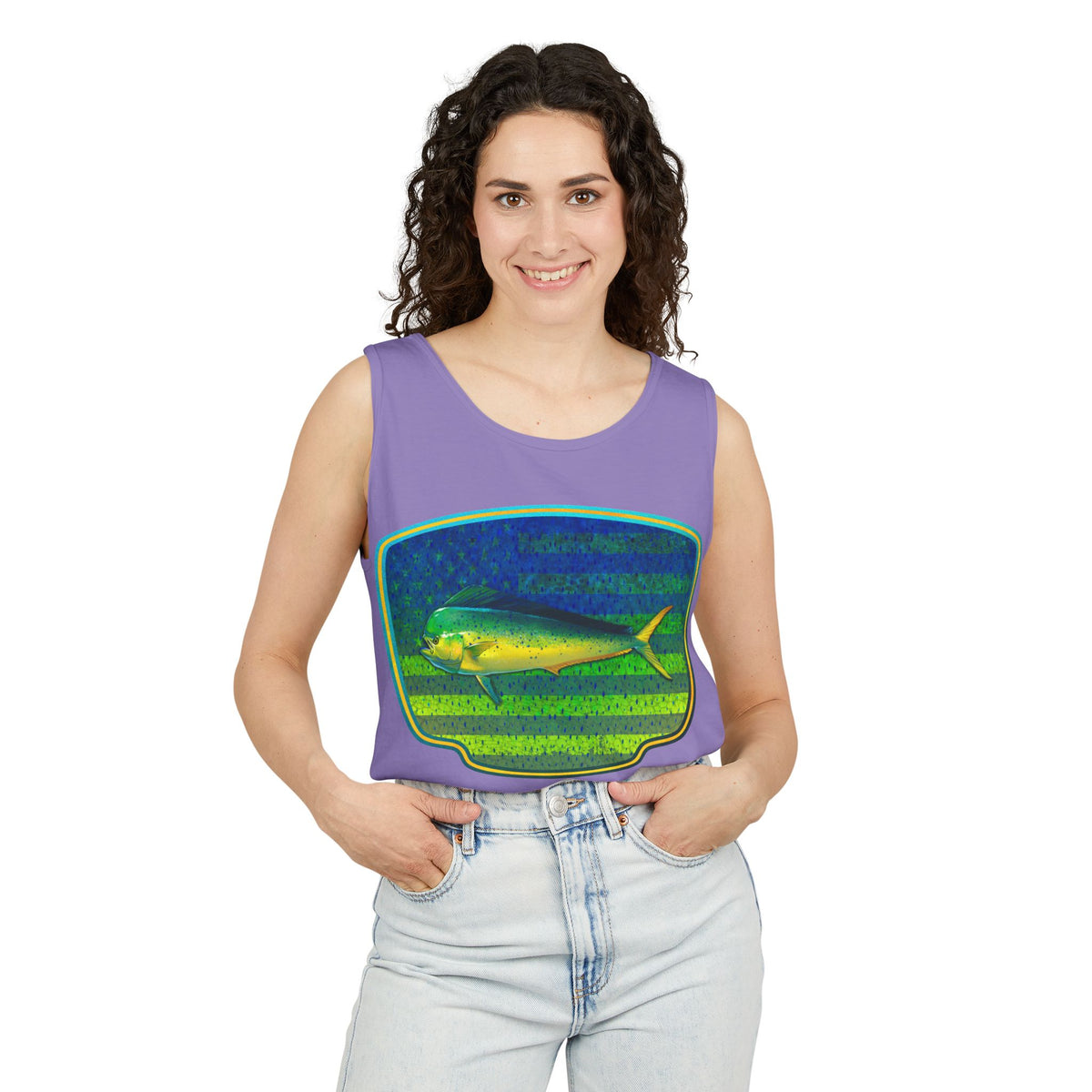 American Mahi Mahi Graphic Tank Top, Summer Apparel, Outdoors Shirt, Fishing Gear, Beachwear, Gifts for Anglers