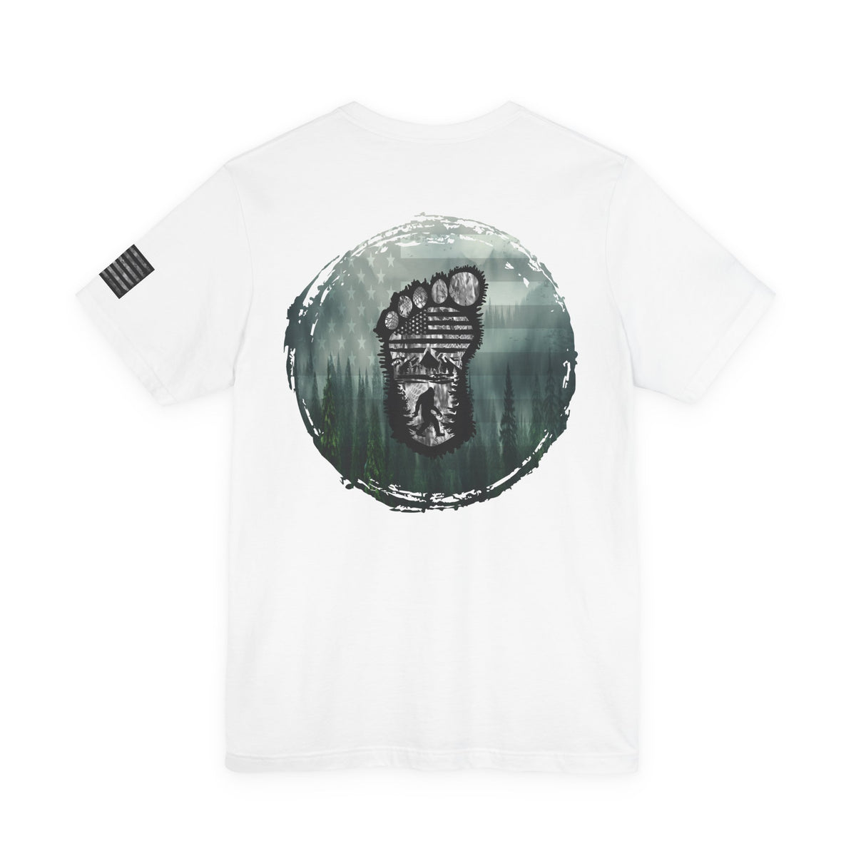 Bigfoot American Flag Camo Tee, Sasquatch Patriotic Shirt, Unisex Graphic Tee, Outdoor Adventure Top, Men's Women's Tee
