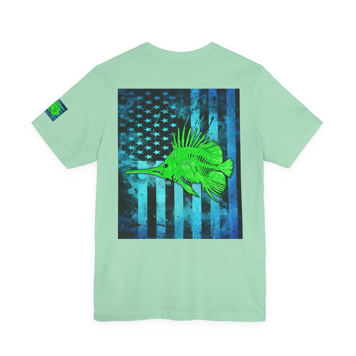 Green Fish Grunge American Flag Tee, Patriotic USA Shirt, Vintage American Flag