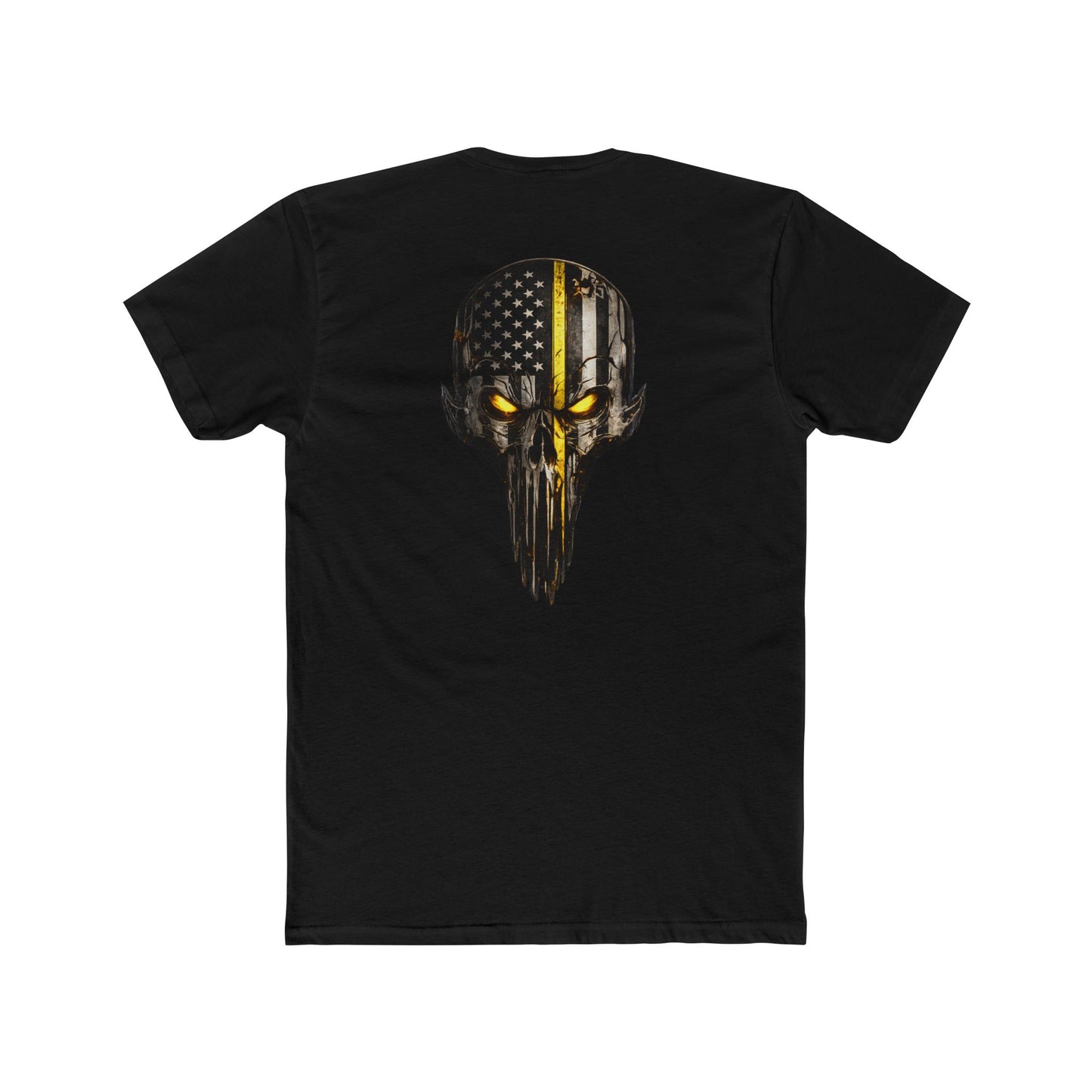 Thin Yellow Line Skull Tee — American Flag Shield & Back Skull Graphic