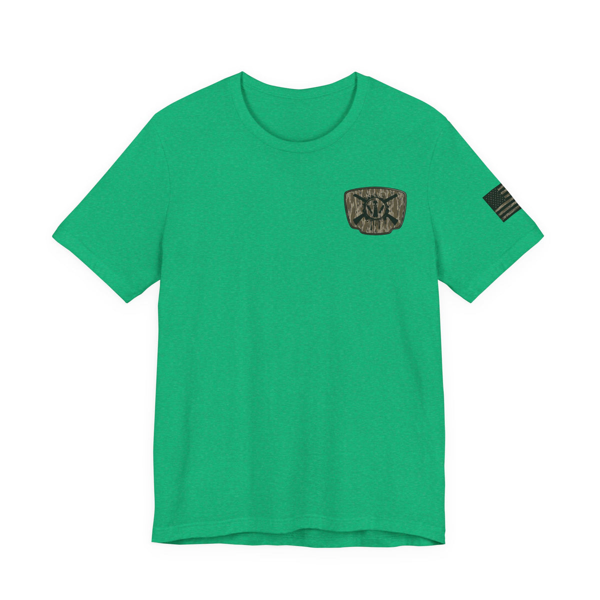 Duck Hunting Badge T-Shirt – Mossy Camo Print, Crossed Guns & Duck Skull Graphic