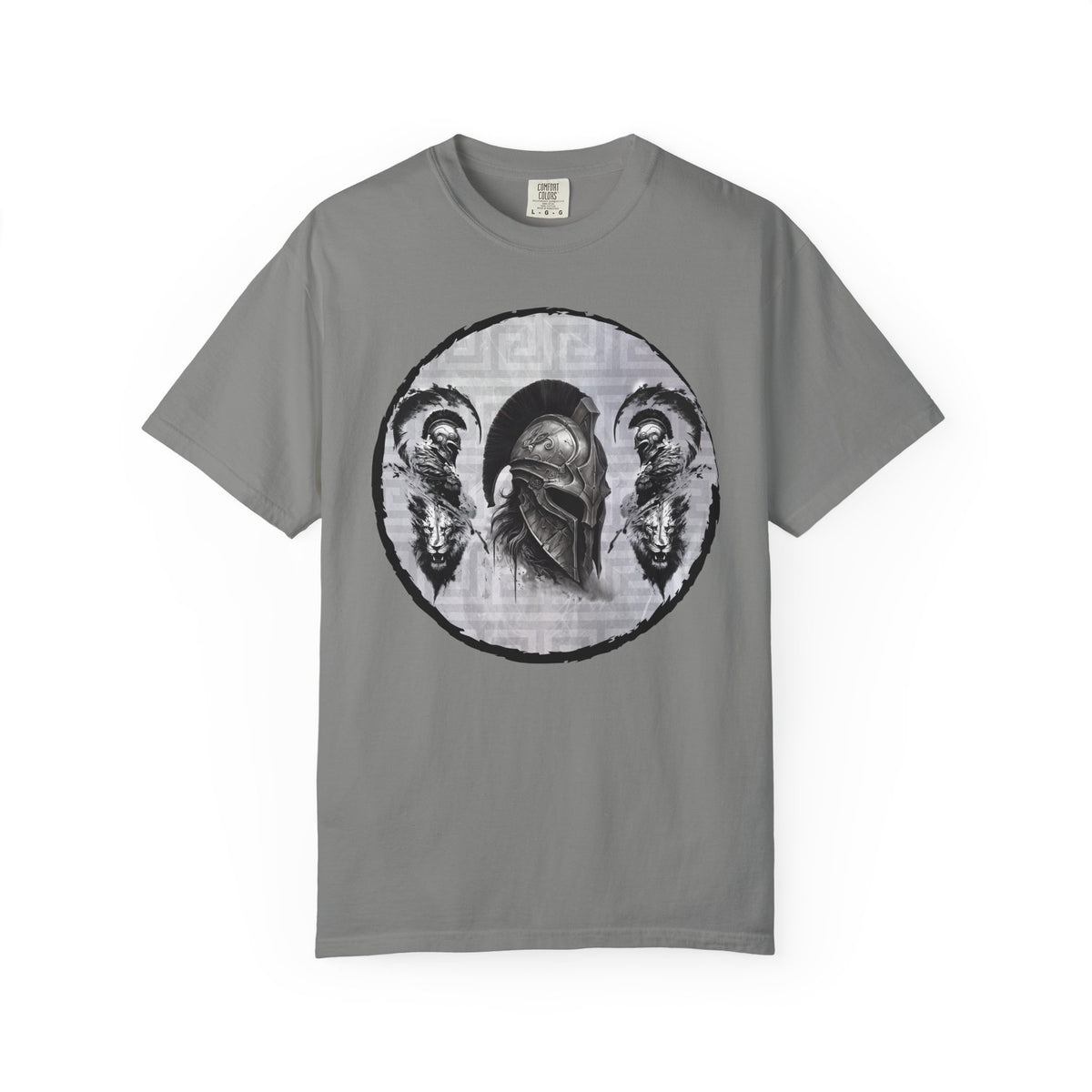 Spartan Warrior T-Shirt – Greek Helmet Circle Design Front & Spear Back | Warrior Graphic Tee