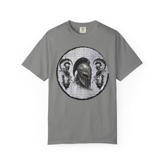 Spartan Warrior T-Shirt – Greek Helmet Circle Design Front & Spear Back | Warrior Graphic Tee