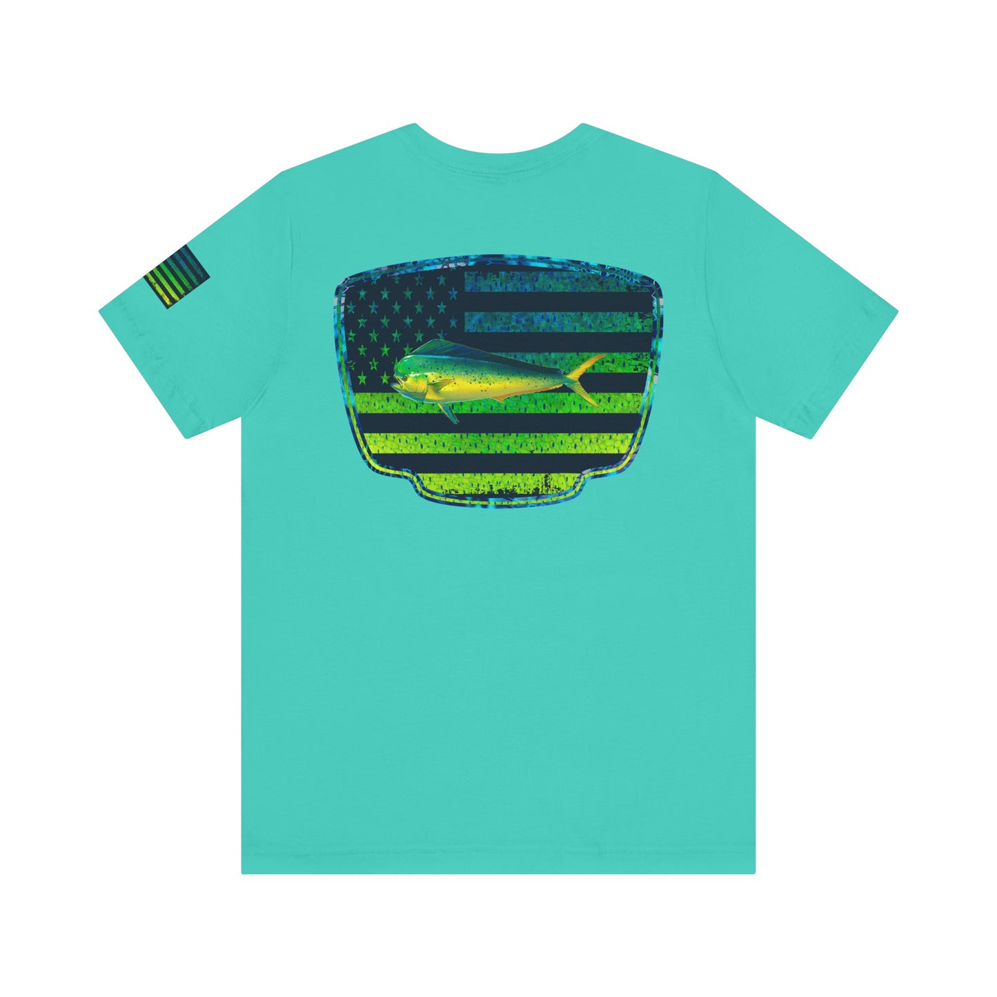 Patriotic Mahi Mahi Flag Tee – Grunge Fishing Badge Shirt for Outdoor Lovers