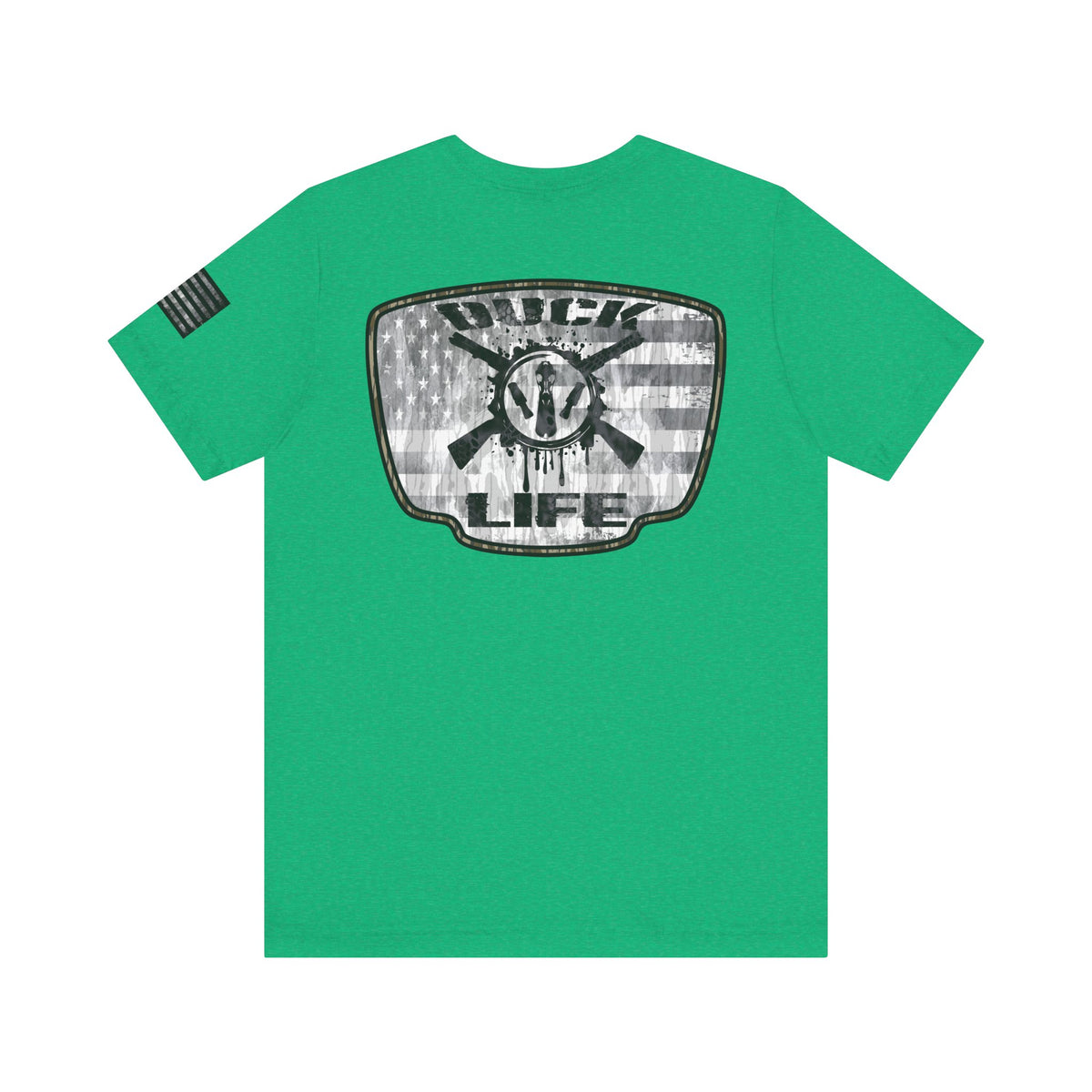 White American Flag Duck Hunting Badge T-Shirt – Mossy Camo Print, Crossed Guns & Duck Skull Graphic