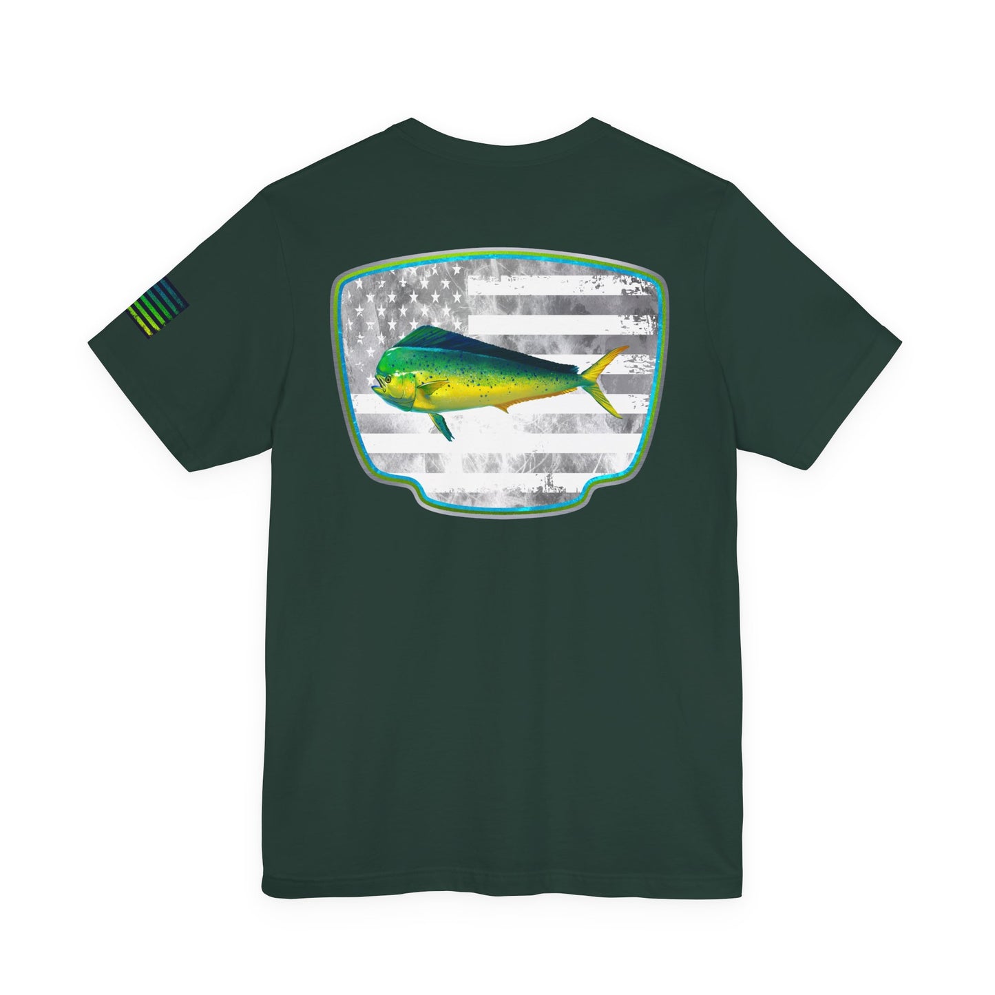Mahi Mahi Sunglass Badge Tee – White Distressed Flag Fishing Shirt
