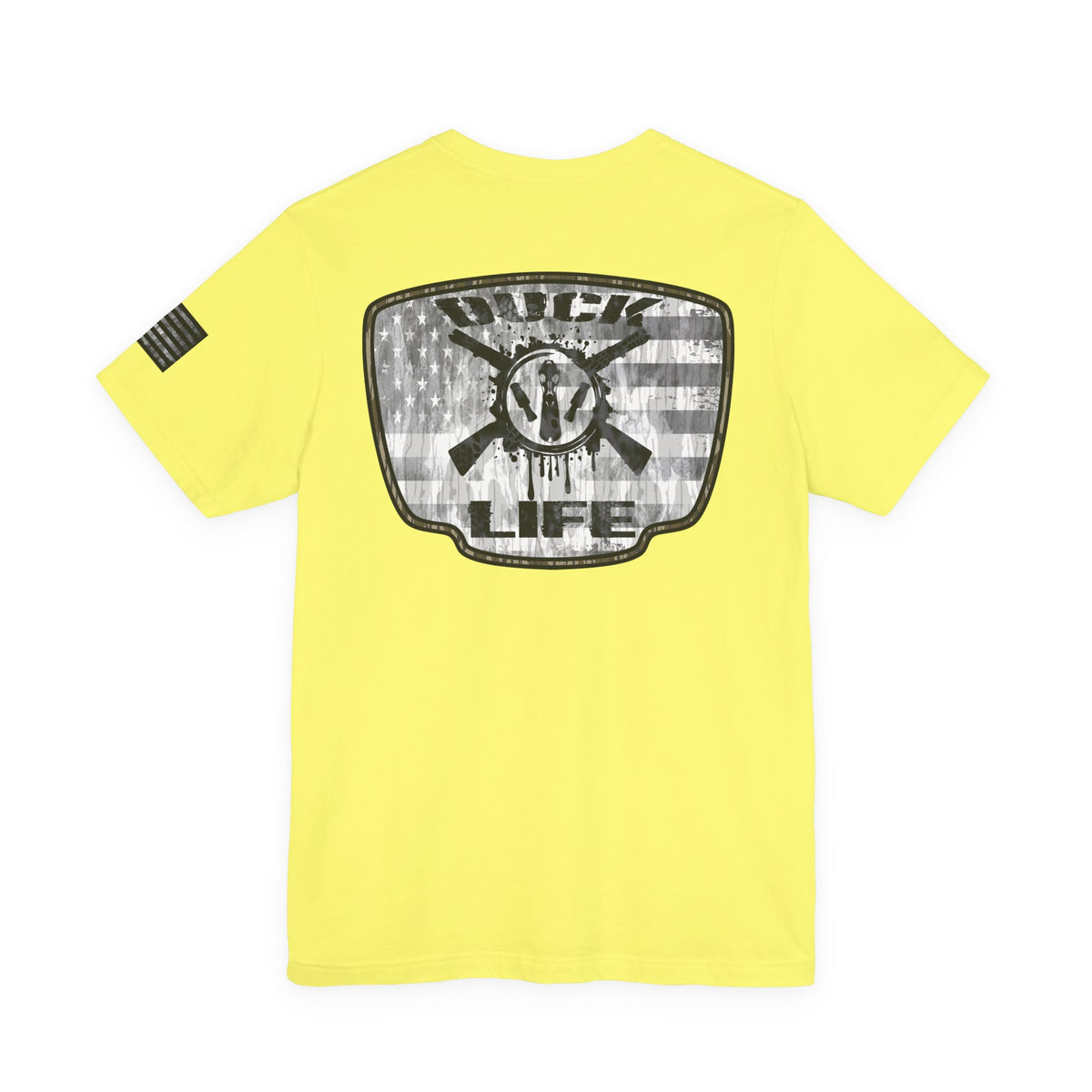 White American Flag Duck Hunting Badge T-Shirt – Mossy Camo Print, Crossed Guns & Duck Skull Graphic