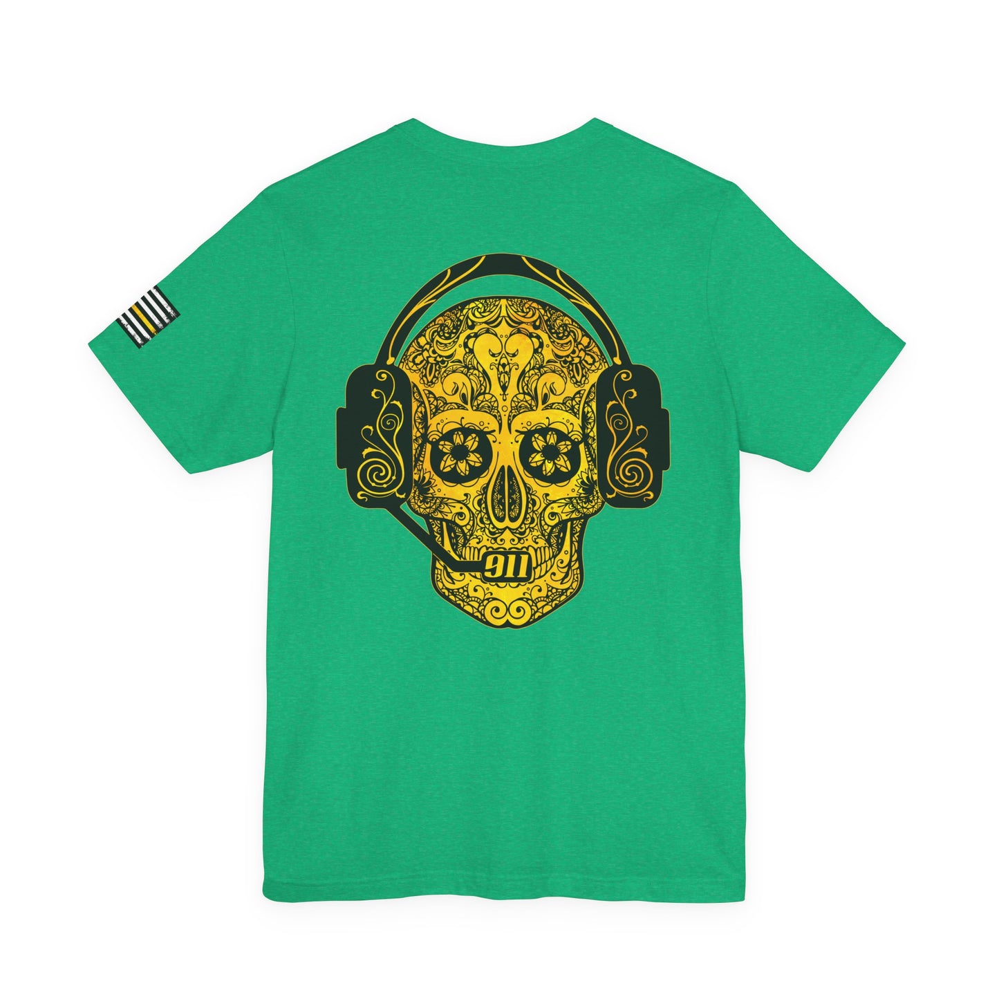 911 Dispatcher Sugar Skull Unisex Tee, Dispatcher Gift, Day of the Dead Shirt, Thin Gold Line,