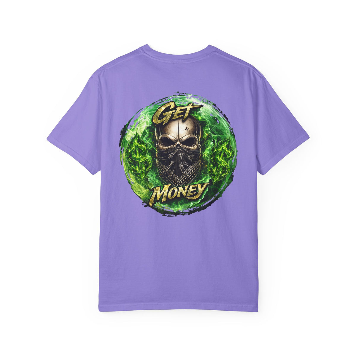 Get Money Skull Graphic Tee – Green Flame Dollar Sign Hustle Streetwear Shirt