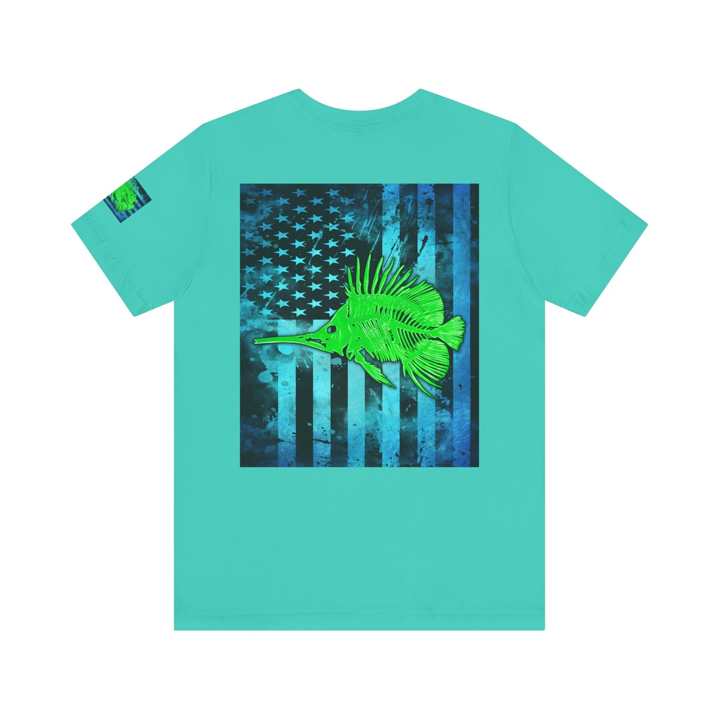 Green Fish Grunge American Flag Tee, Patriotic USA Shirt, Vintage American Flag