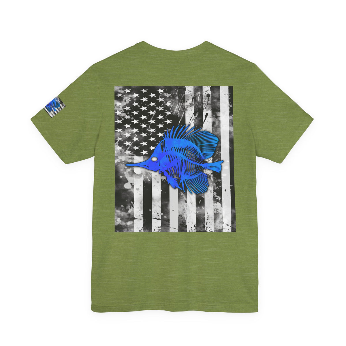 Blue Fish Skeleton Grunge American Flag Tee, Patriotic USA Shirt, Vintage American Flag