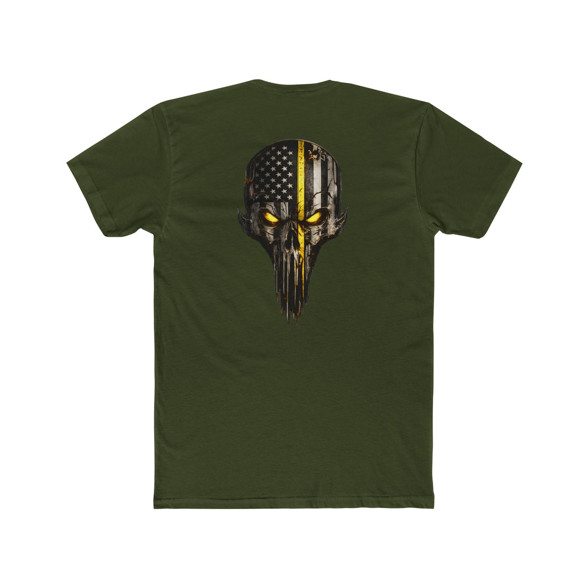 Thin Yellow Line Skull Tee — American Flag Shield & Back Skull Graphic