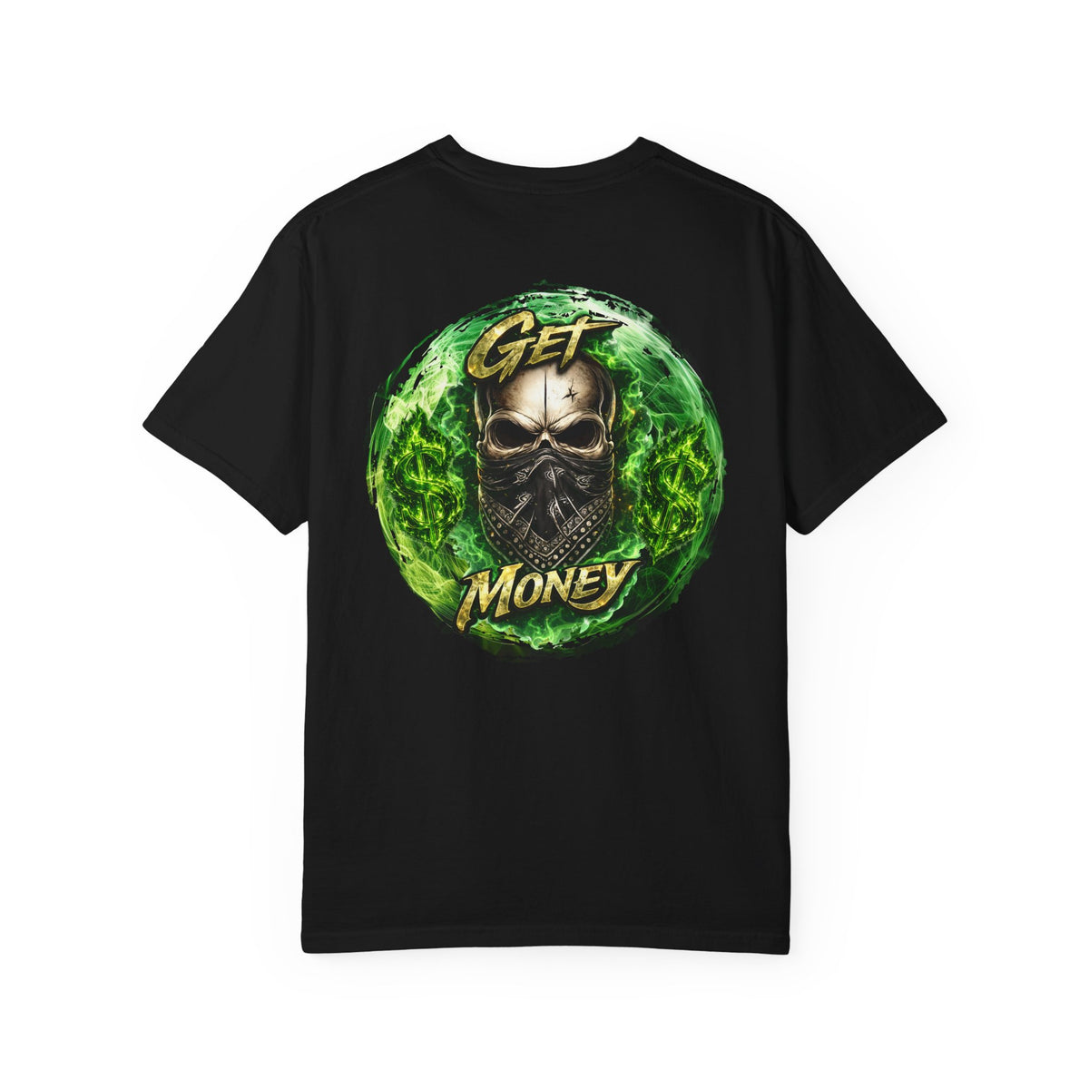 Get Money Skull Graphic Tee – Green Flame Dollar Sign Hustle Streetwear Shirt