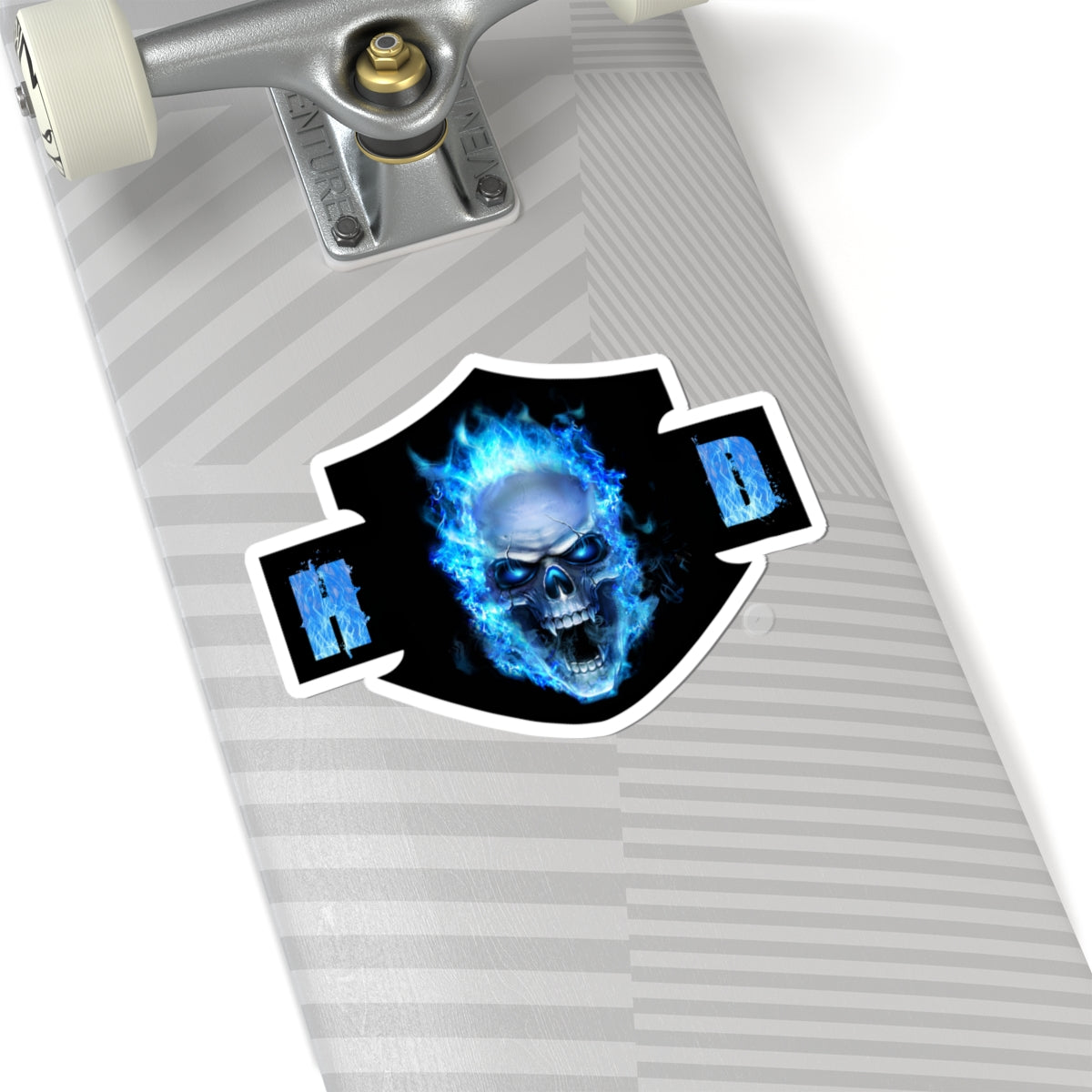 Harley Blue Fire Skull Biker Emblem | Bold Motorcycle Graphic for Decals, Shirts, or Garage Art, ArtKiss-Cut Stickers