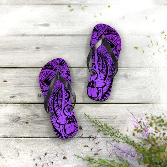 Polynesian Purple Floral Flip Flops, Summer Sandals, Beach Footwear, Vacation Essentials, Casual Footwear