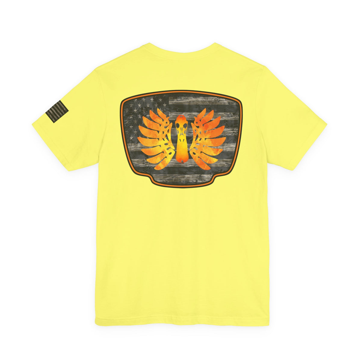 Duck Hunt Badge T-Shirt – Mossy Camo Print, Crossed Guns & Duck Skull Graphic