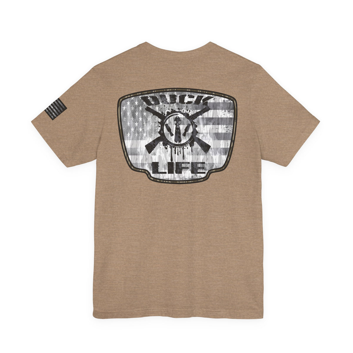 White American Flag Duck Hunting Badge T-Shirt – Mossy Camo Print, Crossed Guns & Duck Skull Graphic